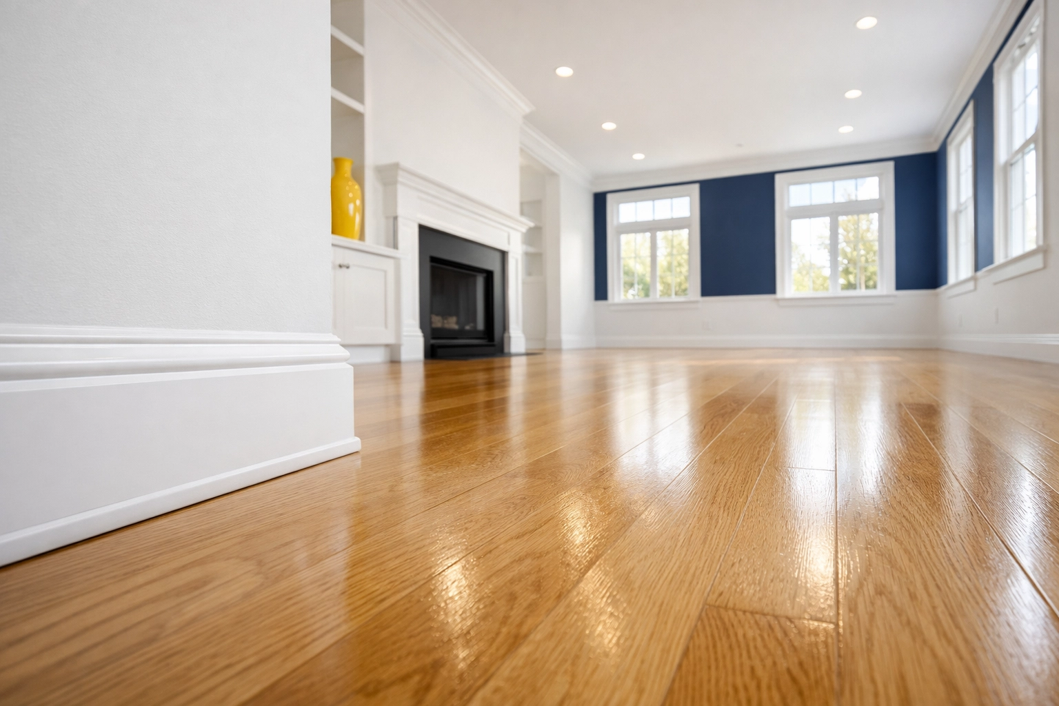 Professionally cleaned empty living room in Lancaster with spotless hardwood floors and white baseboards.