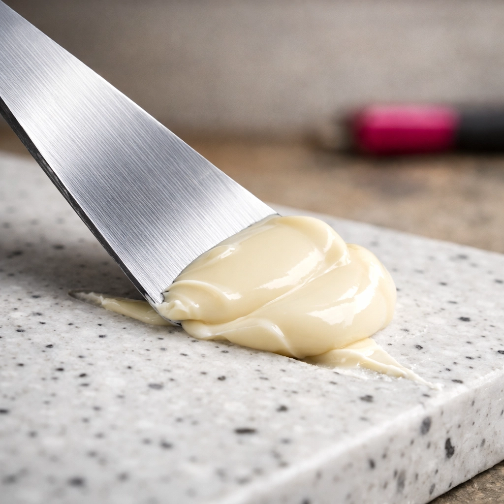 Applying builders bog filler to a speckled recycled plastic panel with a putty knife.