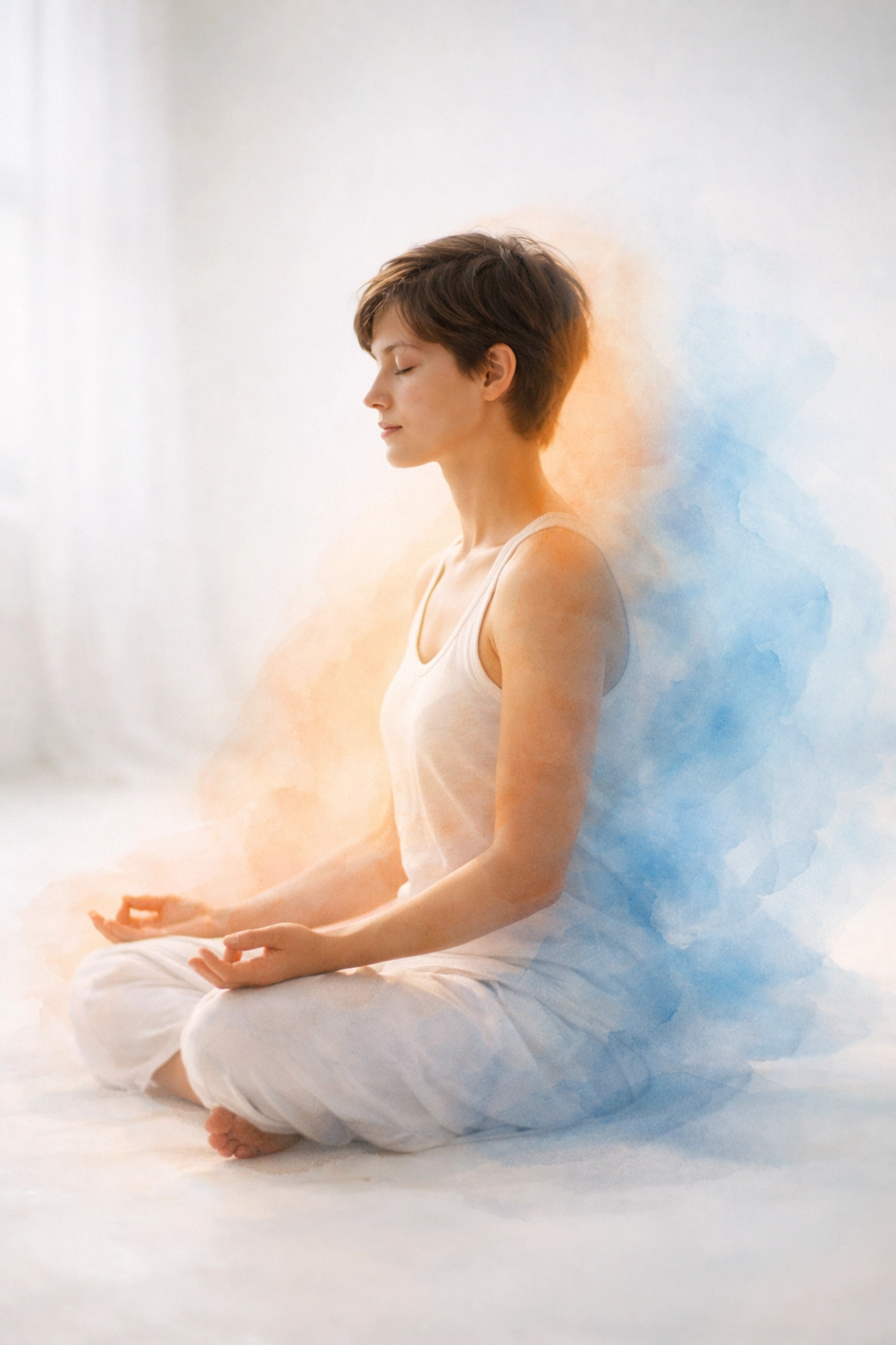 Person meditating with visible energy field aura during vibrational healing practice