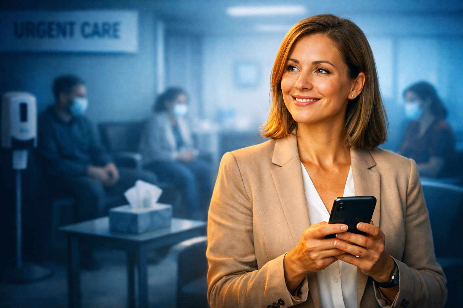 Professional using telehealth app to avoid crowded urgent care waiting room exposure