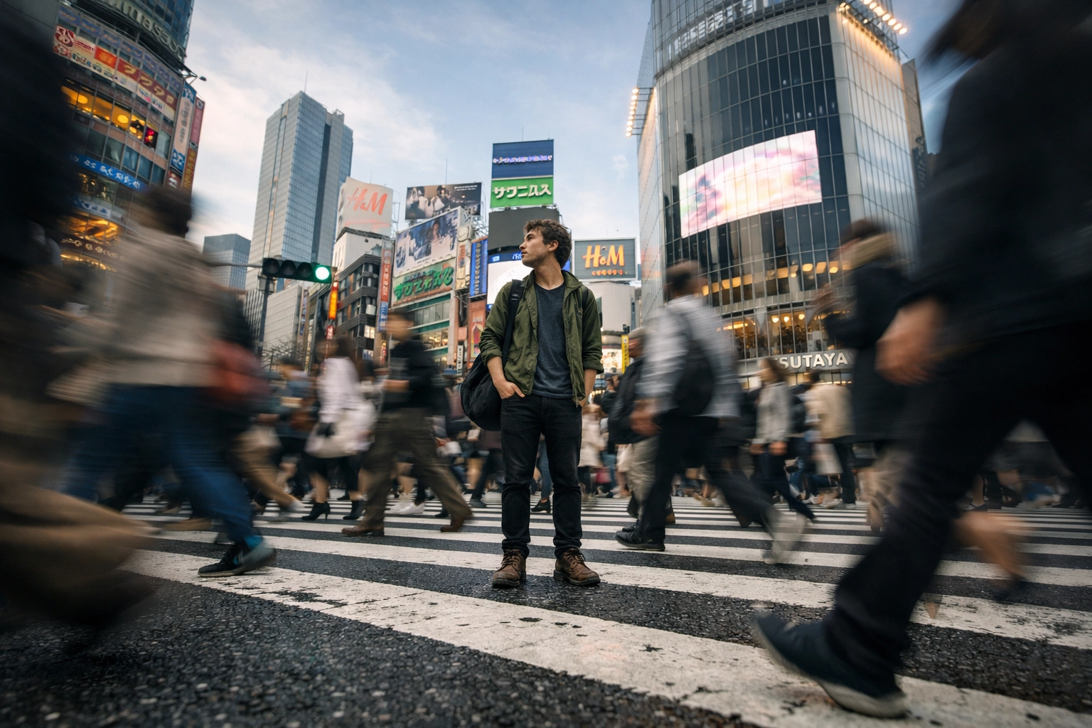 A wide-angle, ultra-realistic scene of a famous city crosswalk during rush hour. The crowd is rendered with a slight motion blur to convey a sense of frantic energy and the fast pace of city life. In the middle of the chaos, one person stands perfectly still, looking in a different direction than the crowd, providing a clear focal point and a 