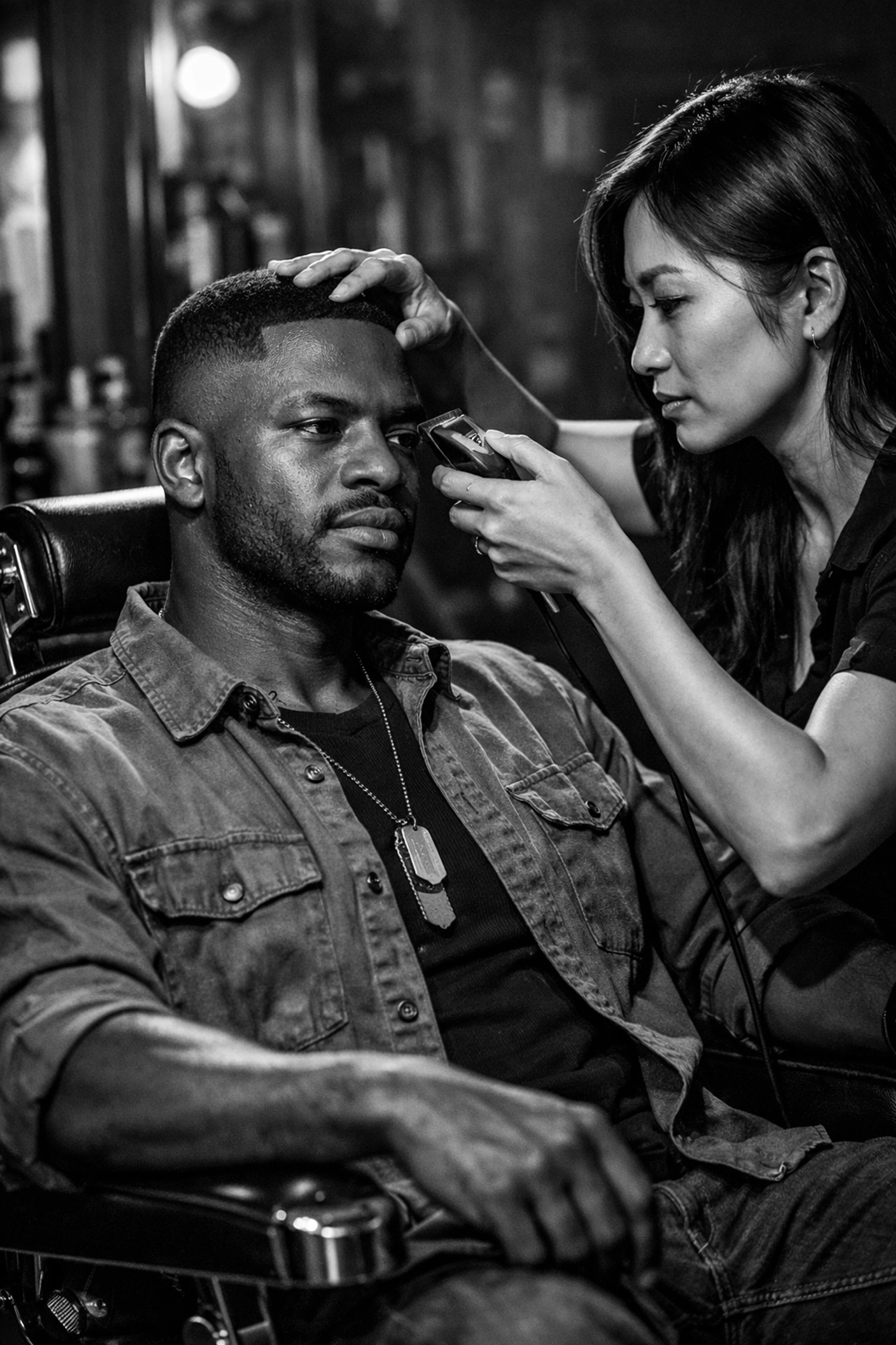 Veteran receiving professional haircut service from female barber highlighting GI Bill career opportunities