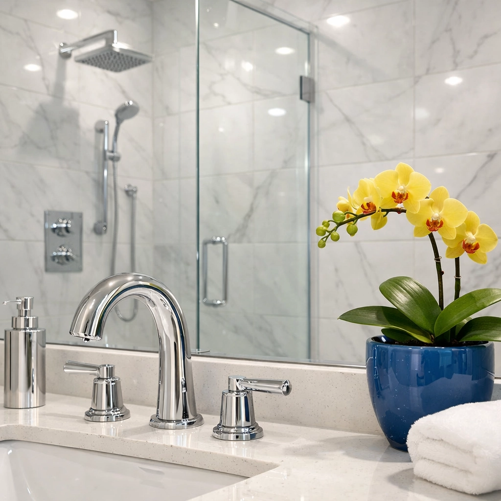 Pristine luxury bathroom with clean grout and glass, showing the results of deep cleaning in Bellingham.