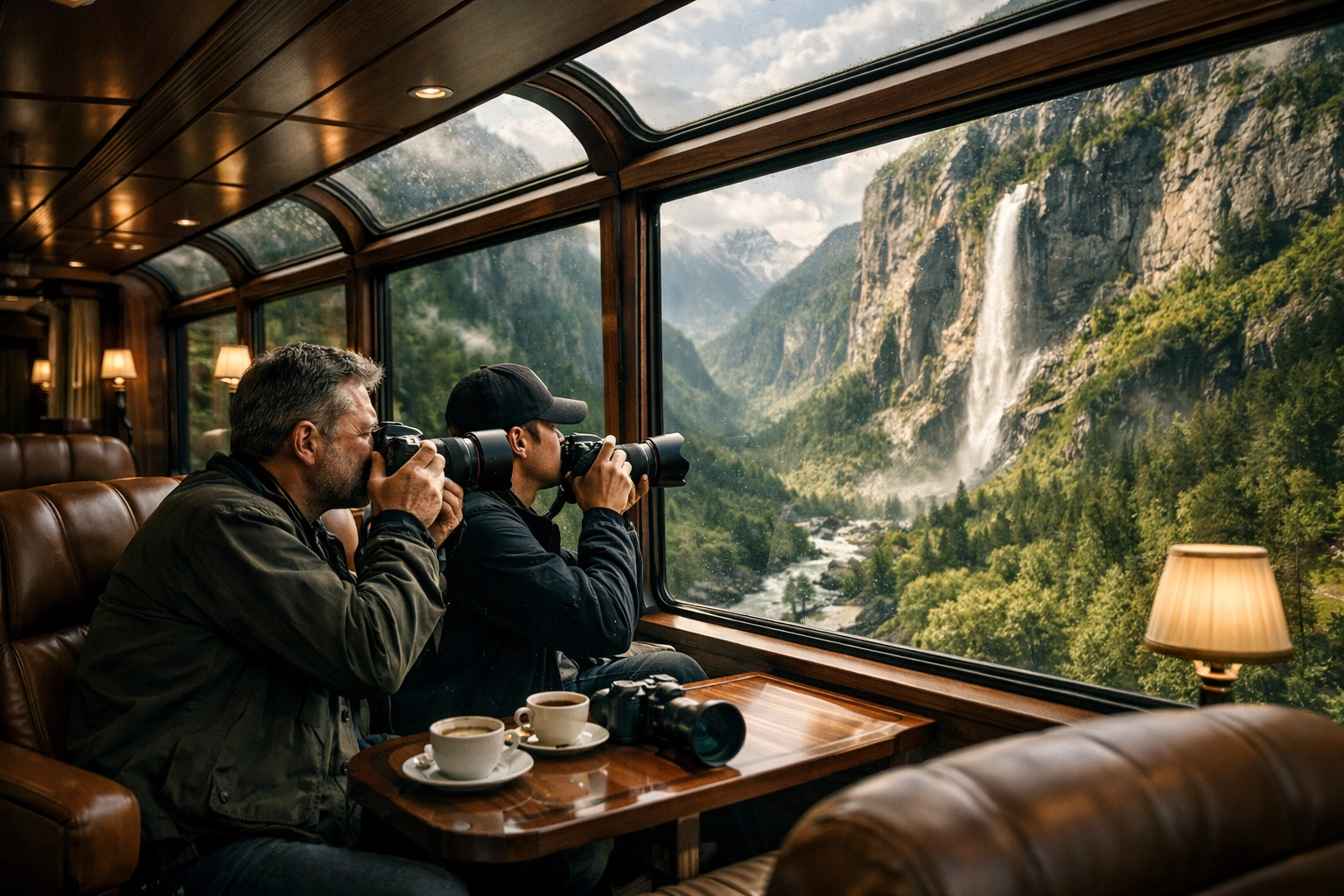 Photography-themed tourist train traveling through mountains for travel photography news.