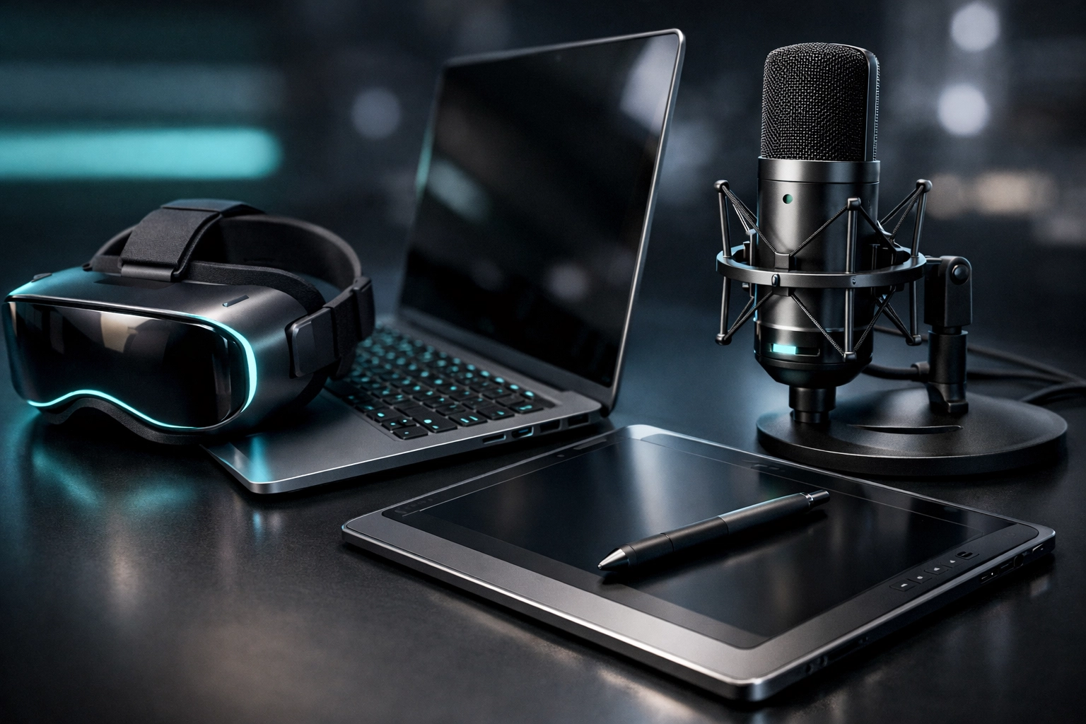 Modern remote work workstation with deductible business equipment like a laptop and specialized hardware.