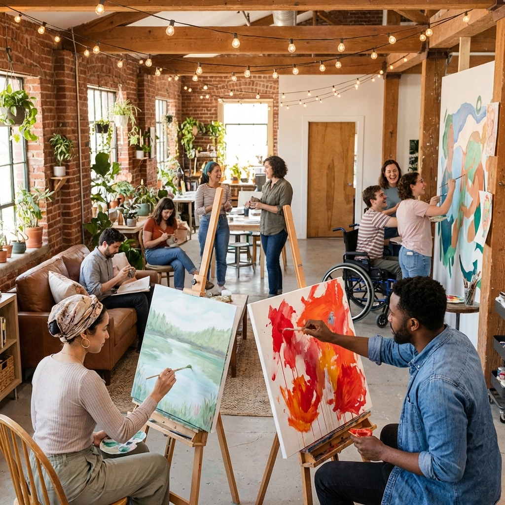 Employees engaging in creative wellness activities, including collaborative art and painting in a welcoming studio.