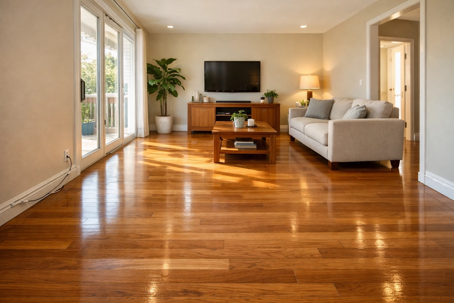 Safe living room with clear walking paths, no throw rugs, and organized cords to prevent falls at home.