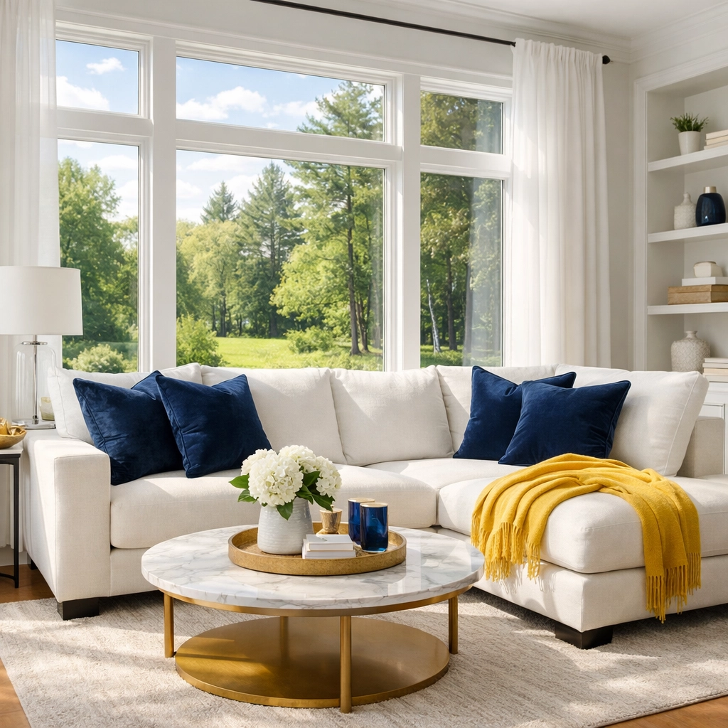 Clean, stress-free living room in MetroWest highlighting professional weekly house cleaning results.