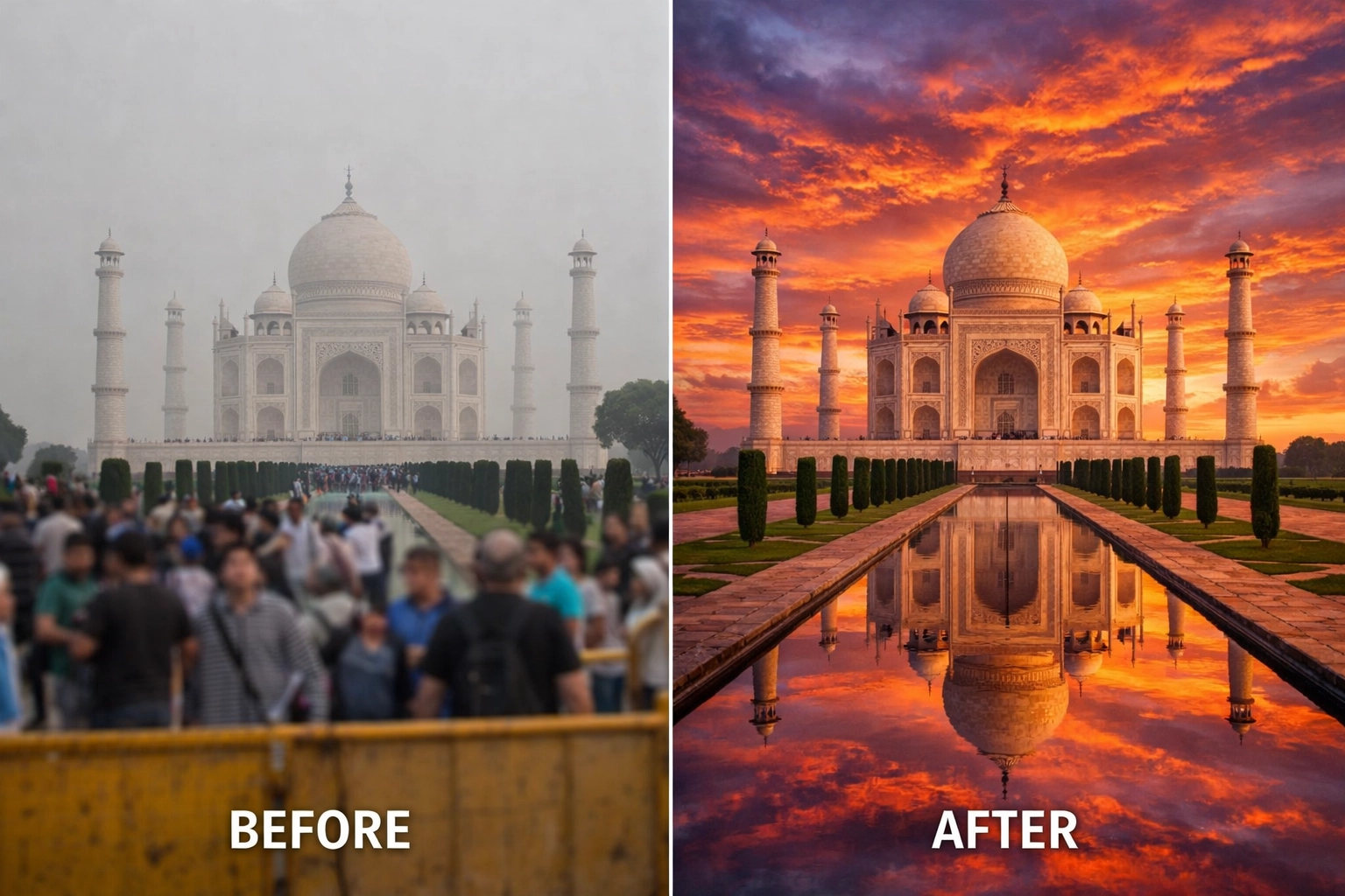 Before and after comparison of travel photo editing using AI sky replacement at the Taj Mahal.