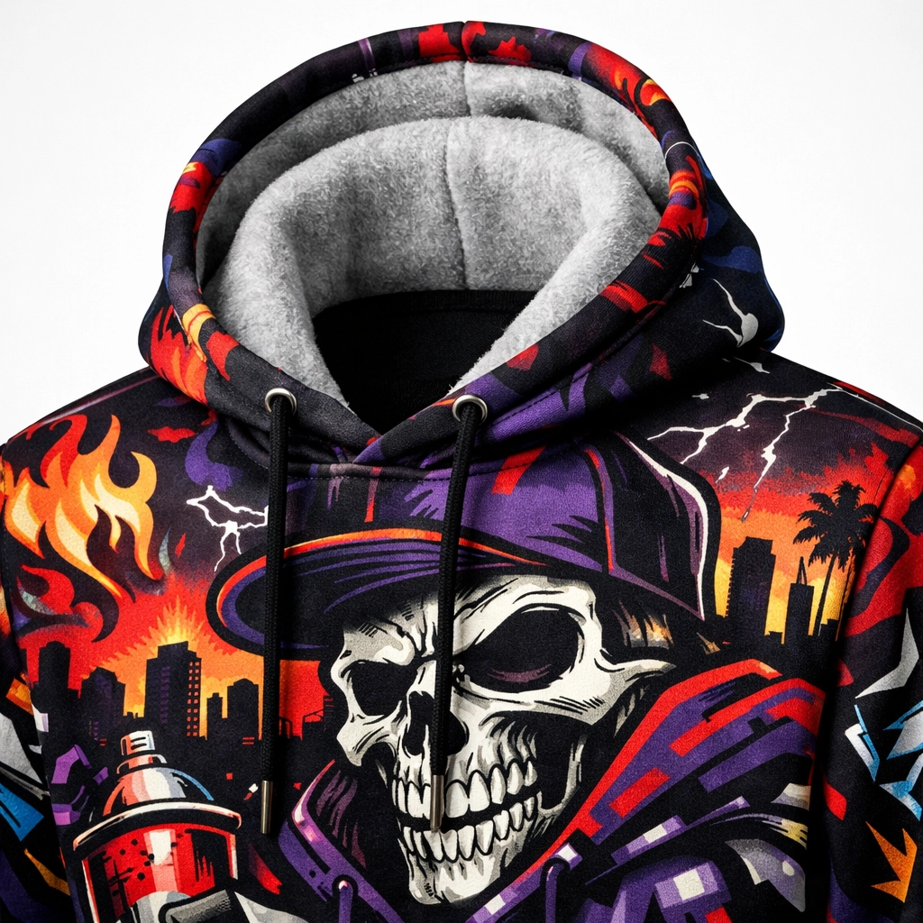 PWPTAOS custom all-over print hoodie with double-lined hood and streetwear graphics