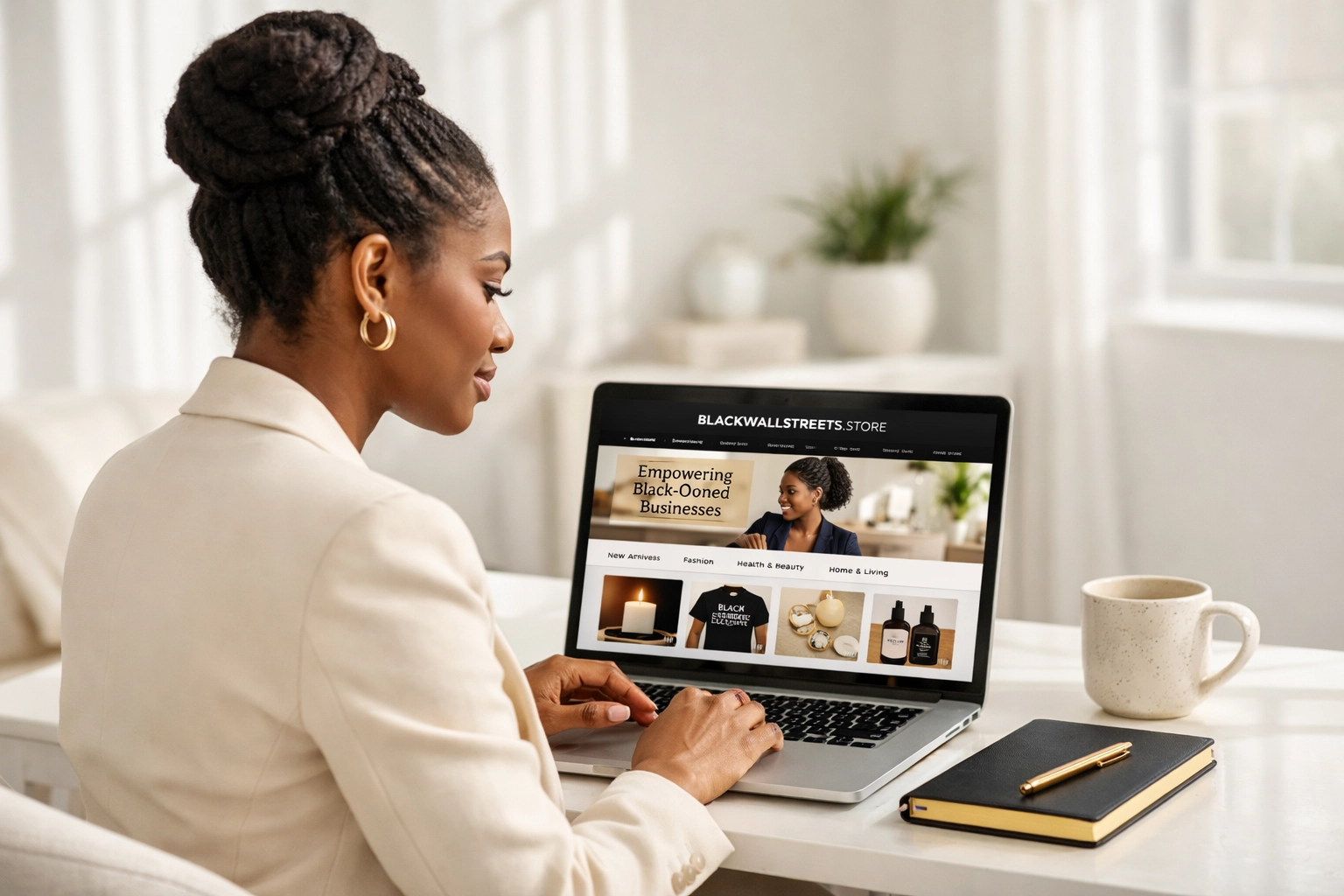 Black woman entrepreneur shopping for accessories on the Black Wall Streets marketplace.