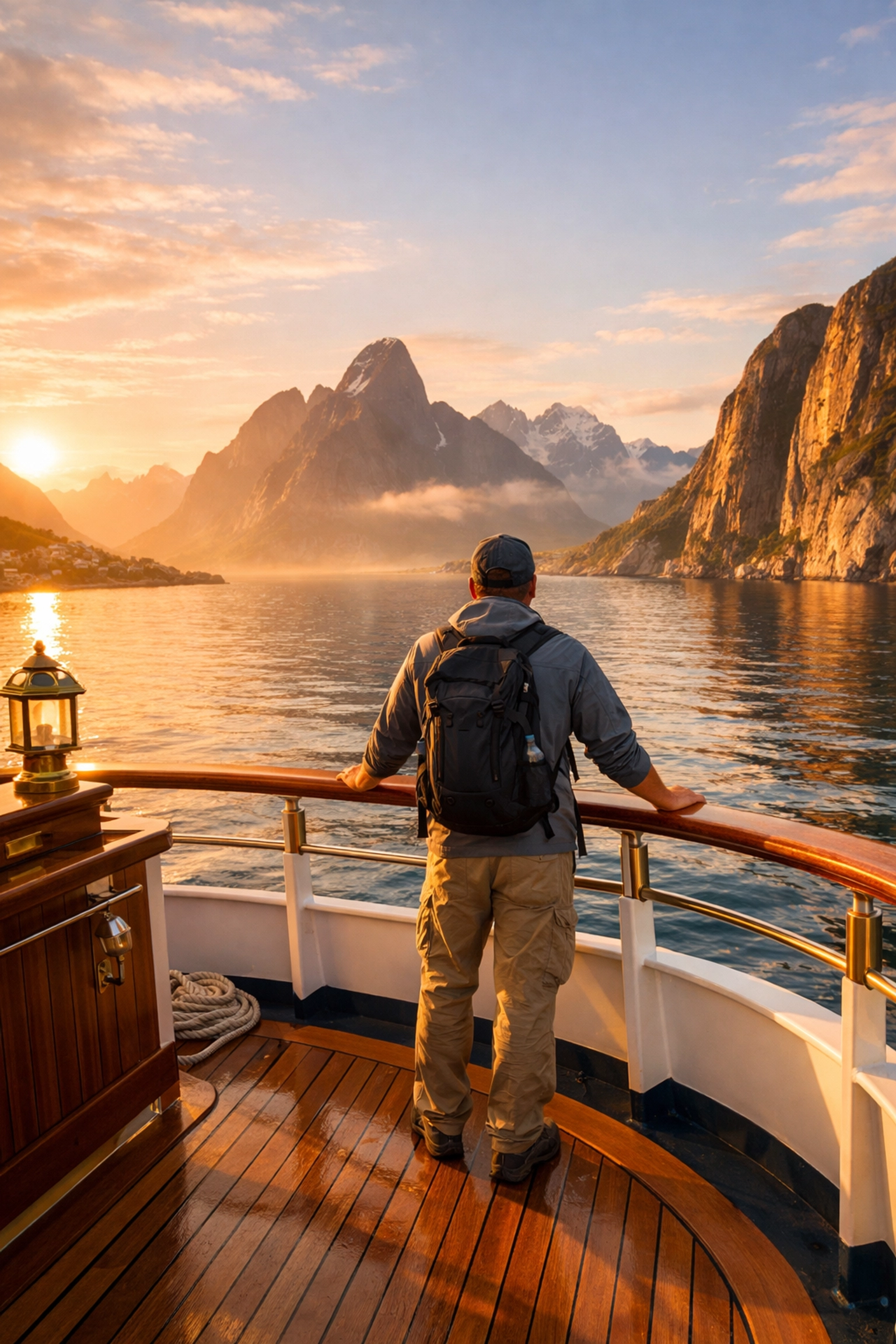 Solo traveler on luxury cruise ship deck viewing dramatic coastal scenery at sunset