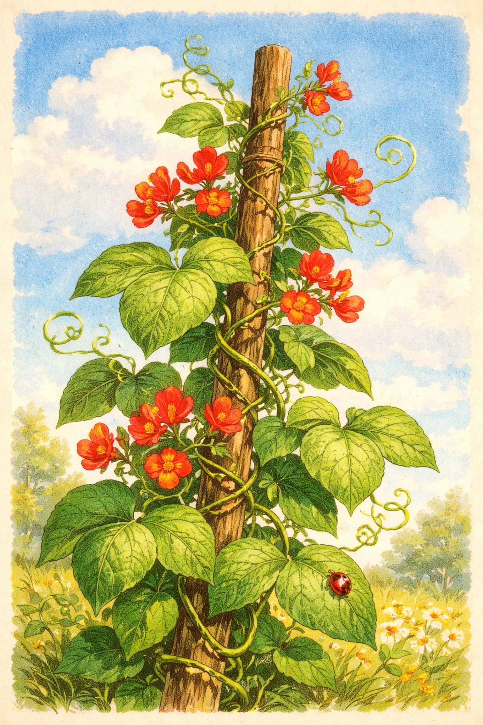 Scarlet Runner bean plant climbing a pole with red flowers and green leaves in a sunny garden
