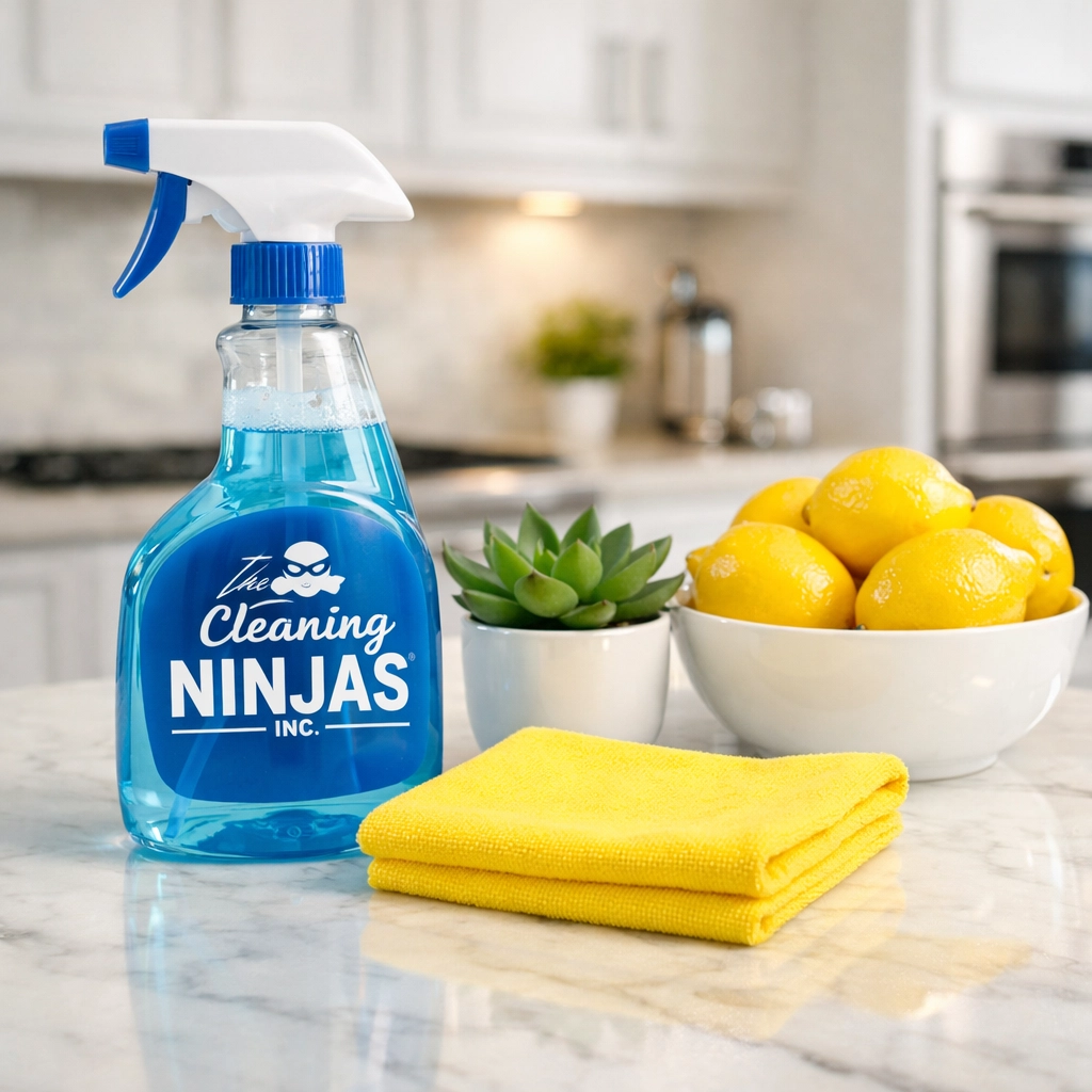 Eco-friendly cleaning supplies on a spotless kitchen counter emphasizing safe house cleaning in Hanson.