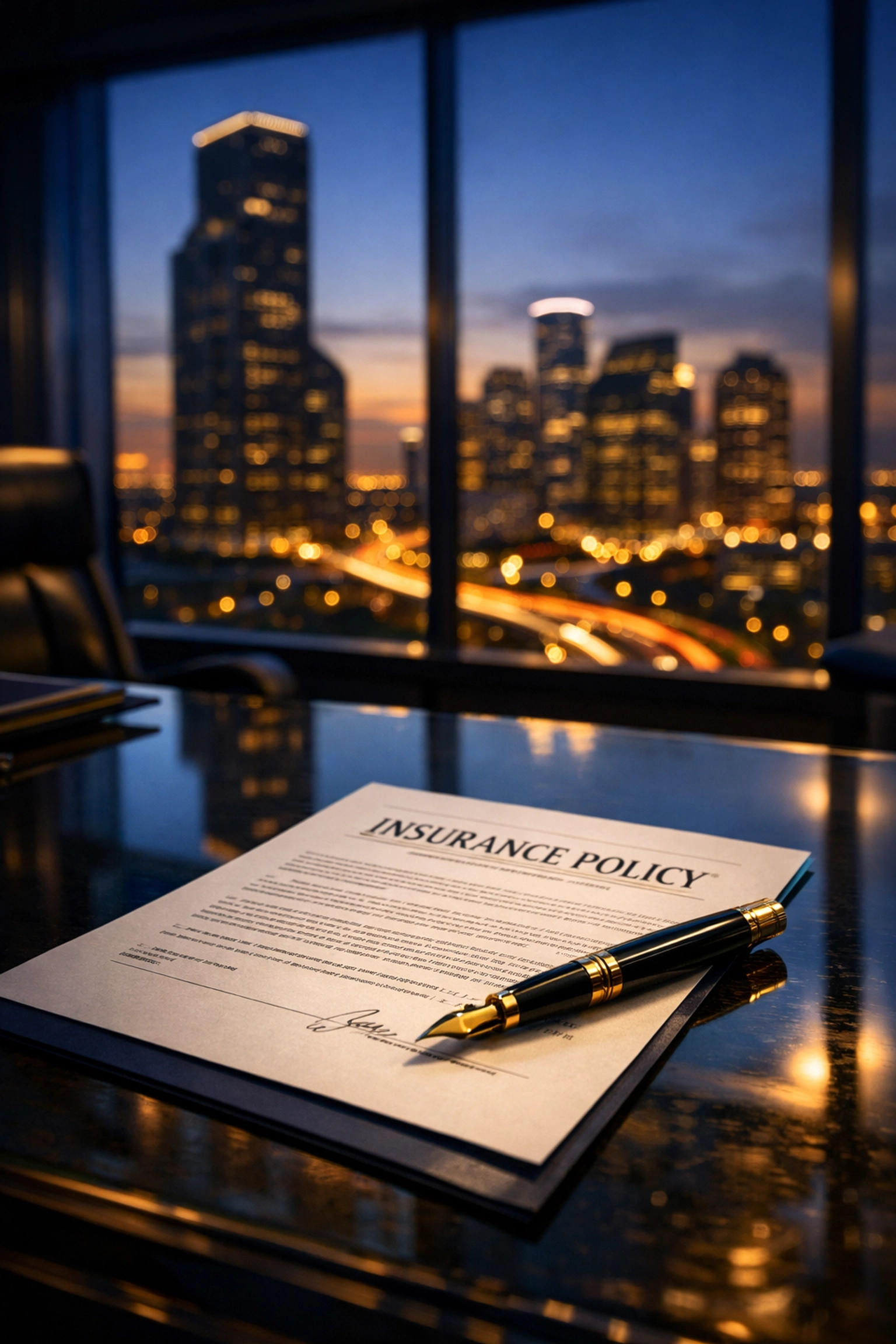 Insurance policy document and pen in a Houston office, representing Texas HB 2067 written denial requirements.