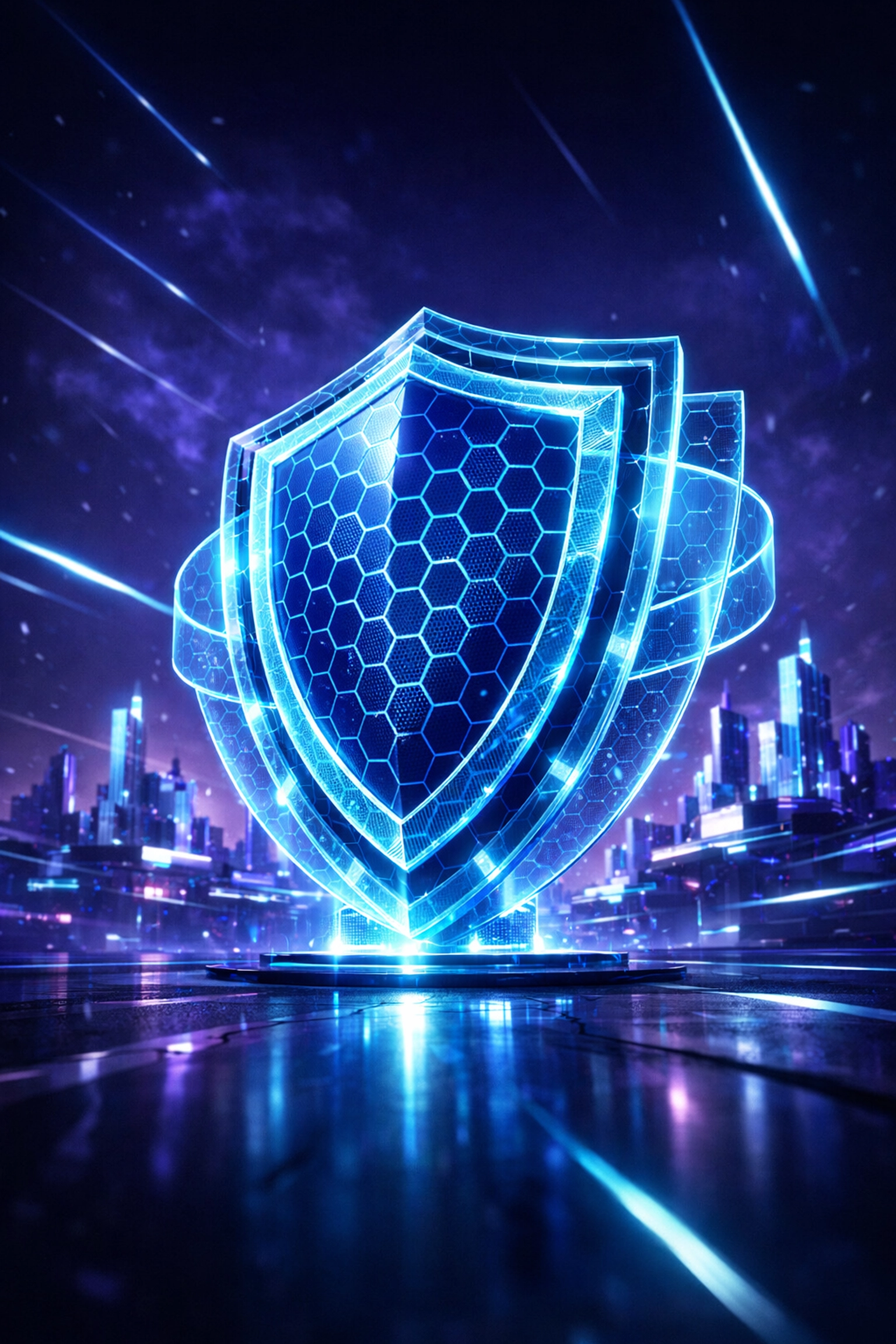 Glowing digital grid shield representing Larecoin's AI security protecting decentralized crypto payment storefronts.