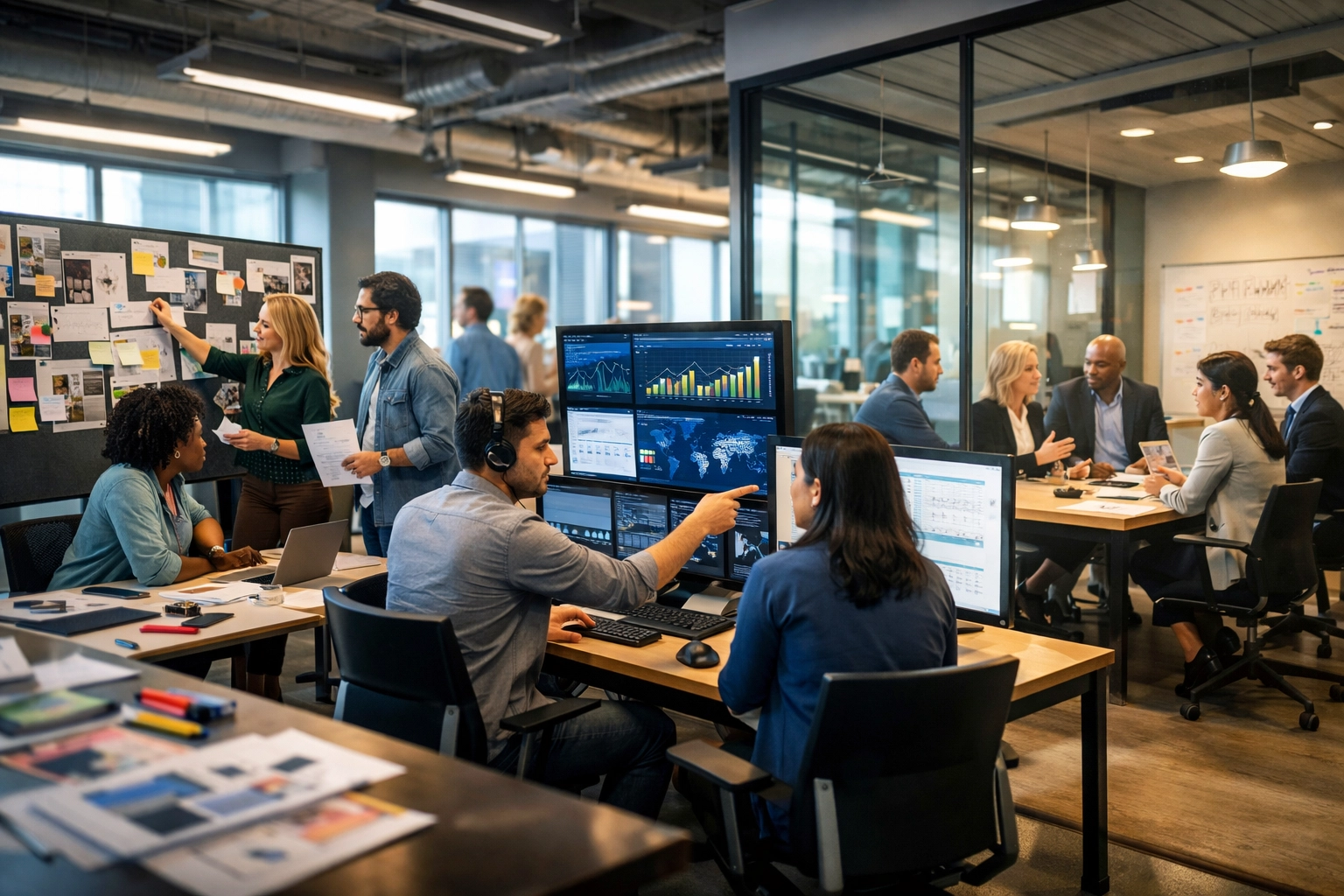 Cross-functional teams collaborating in modern office for sports advertising network innovation