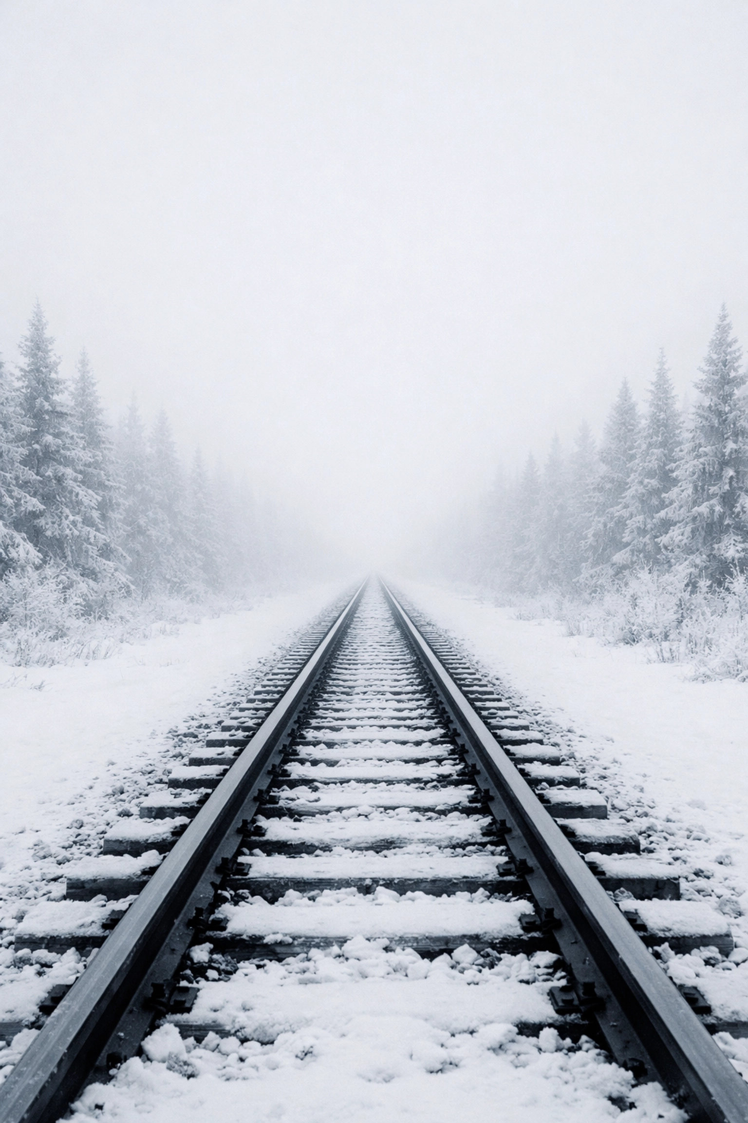Receding train tracks in the fog illustrating the narrowing path for Canada's economic policy.