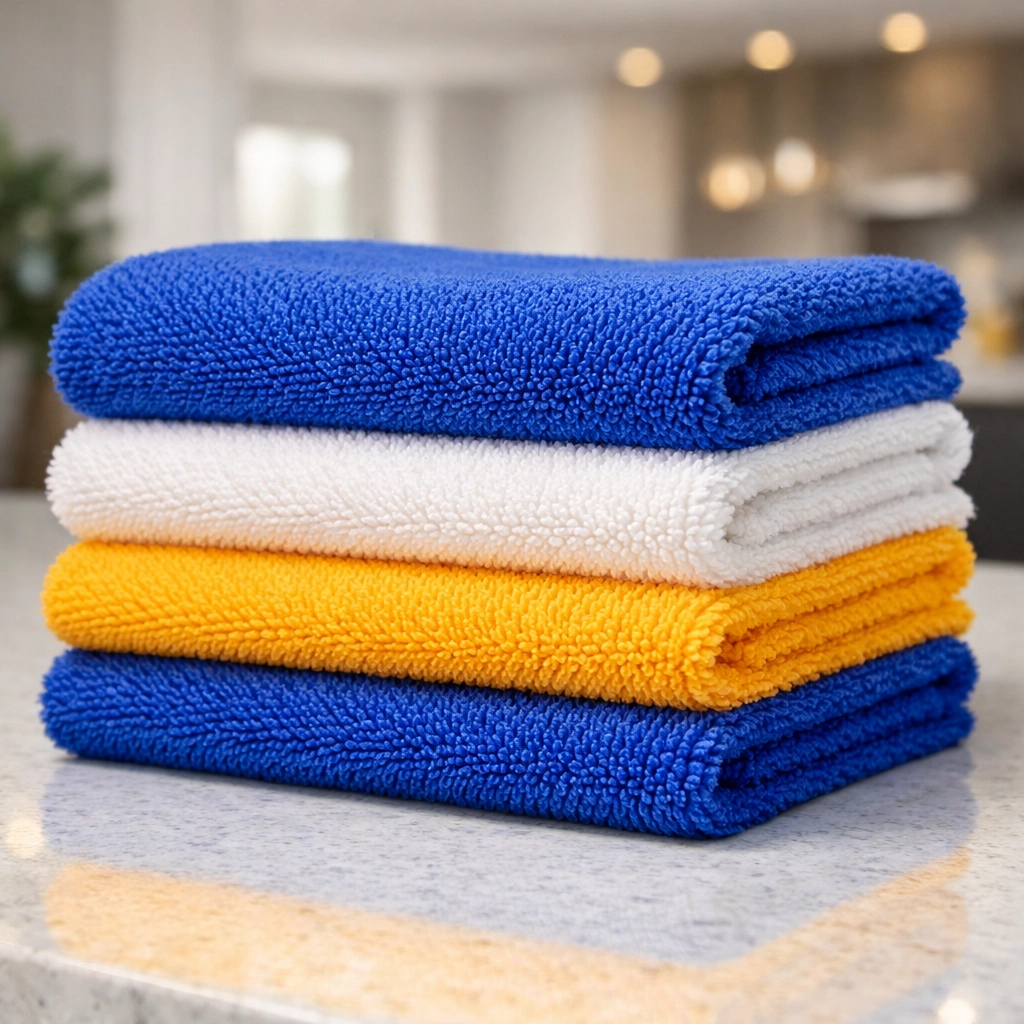 Color-coded microfiber cloths used for professional house cleaning services in Leominster MA.