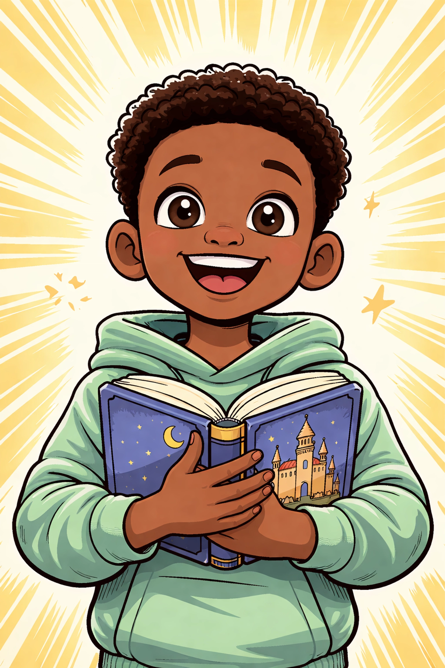 Young boy smiling confidently while holding a storybook, representing St. Petersburg youth literacy