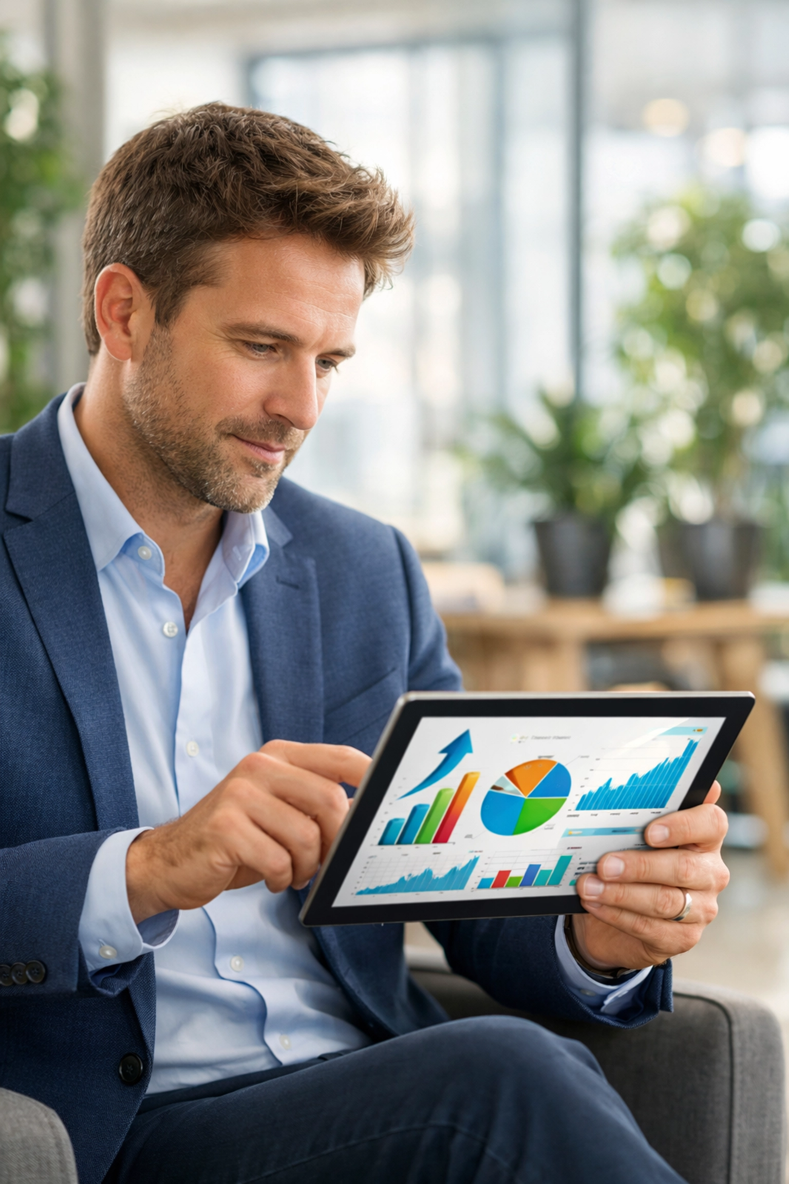 Entrepreneur reviewing data growth charts on a tablet as part of a sales funnel strategy.