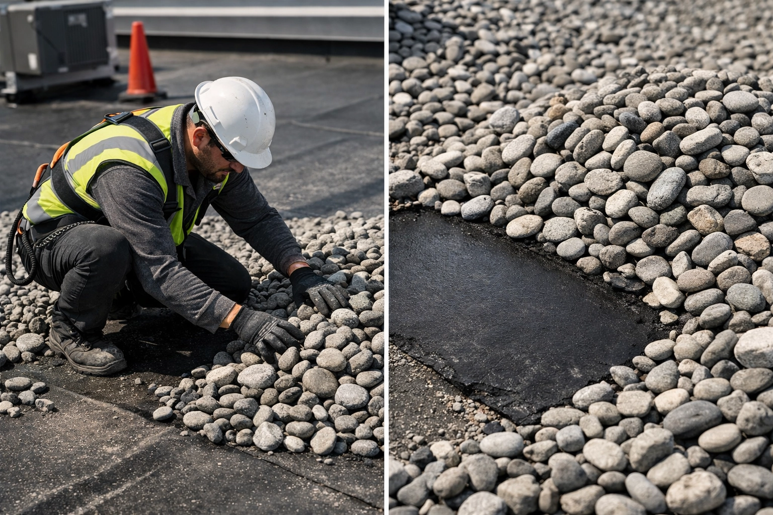 Roofer moving gravel to inspect EPDM membrane on ballasted commercial roof