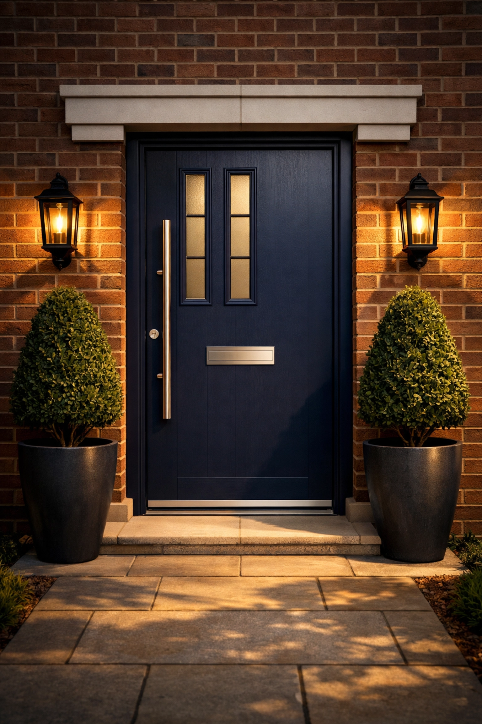 Improved curb appeal featuring a navy composite front door and professional landscaping.