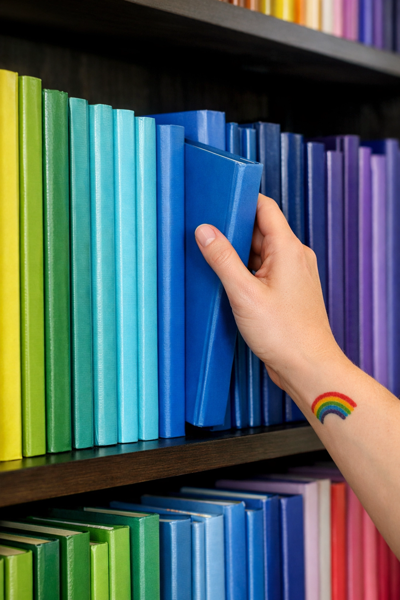 LGBTQ home library featuring a rainbow-organized bookshelf of gay romance novels.