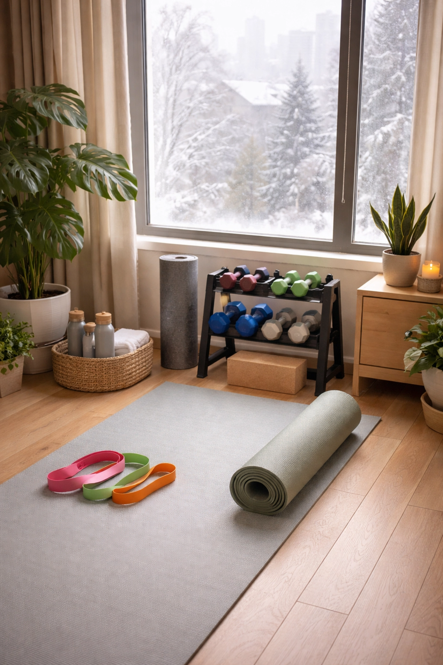 Coin fitness bien organisé à la maison avec tapis, haltères et élastiques, idéal pour faire du sport en hiver.