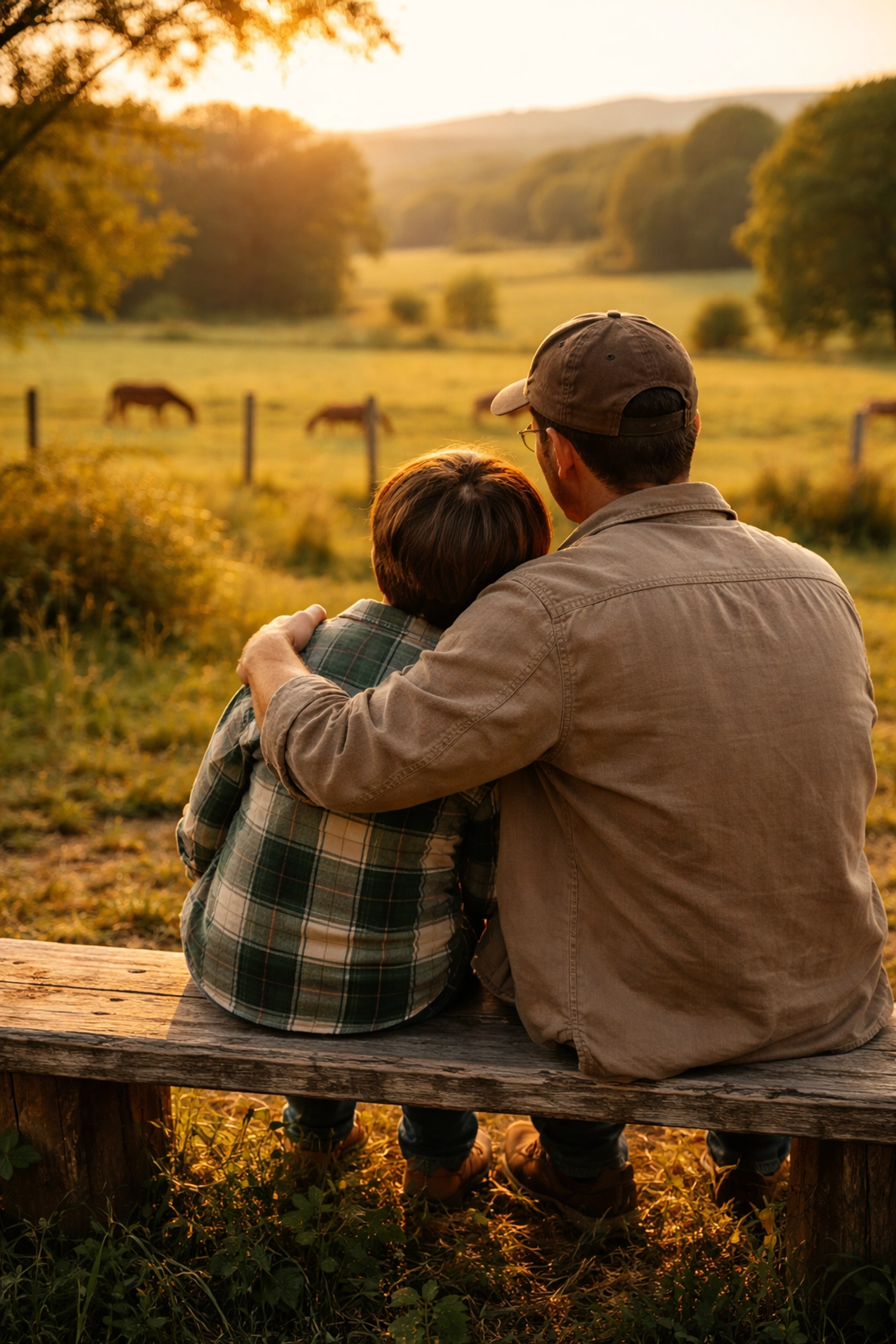 Parent and child sitting on a bench at a peaceful therapy farm, supporting each other through school refusal challenges