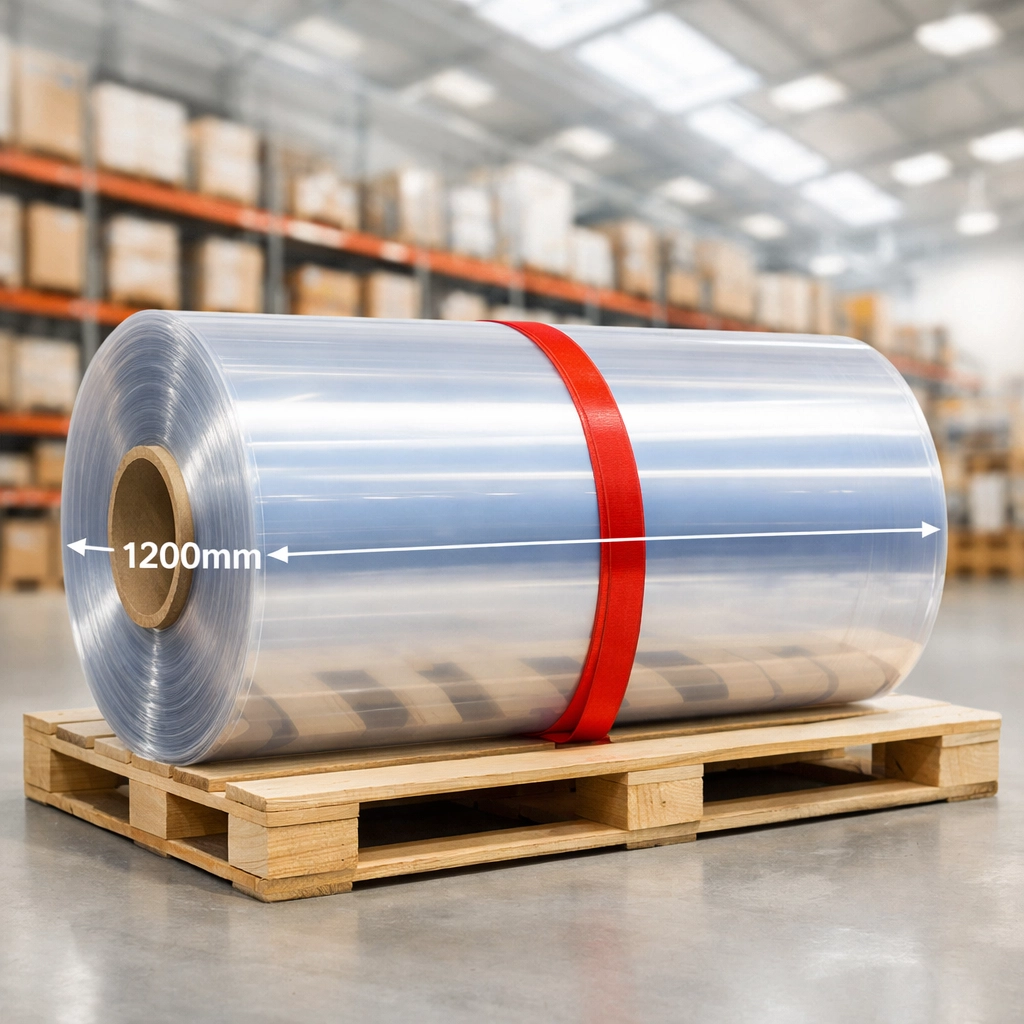 A roll of 1200mm wide clear PVC sheeting in a warehouse, ready for next day delivery to data centre facilities.