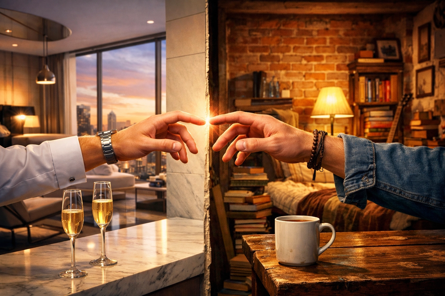 Penthouse luxury vs modest apartment with hands reaching across divide - rich poor gay romance