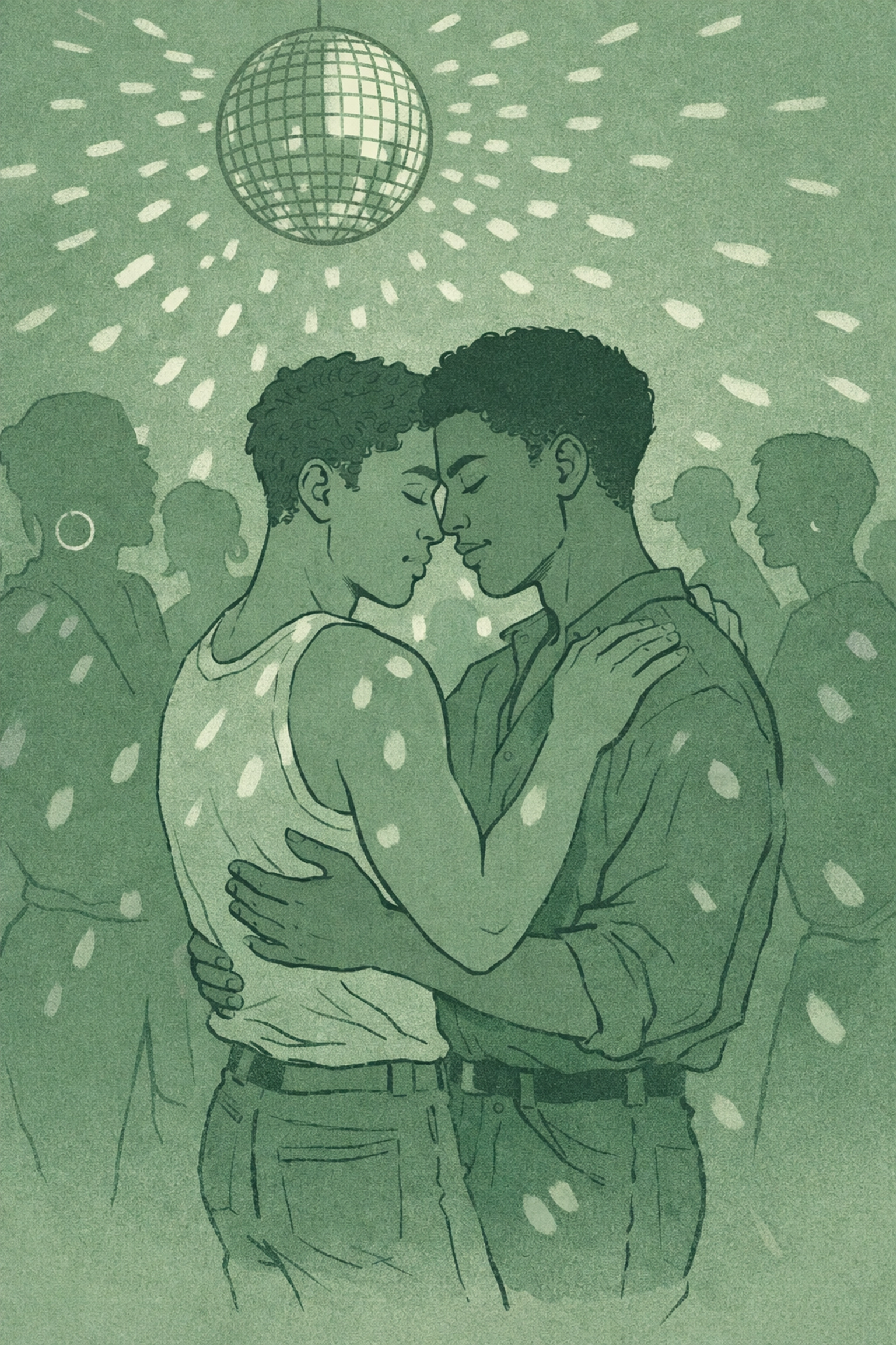 Two men dancing intimately at The Warehouse Chicago 1970s gay nightclub disco ball lighting