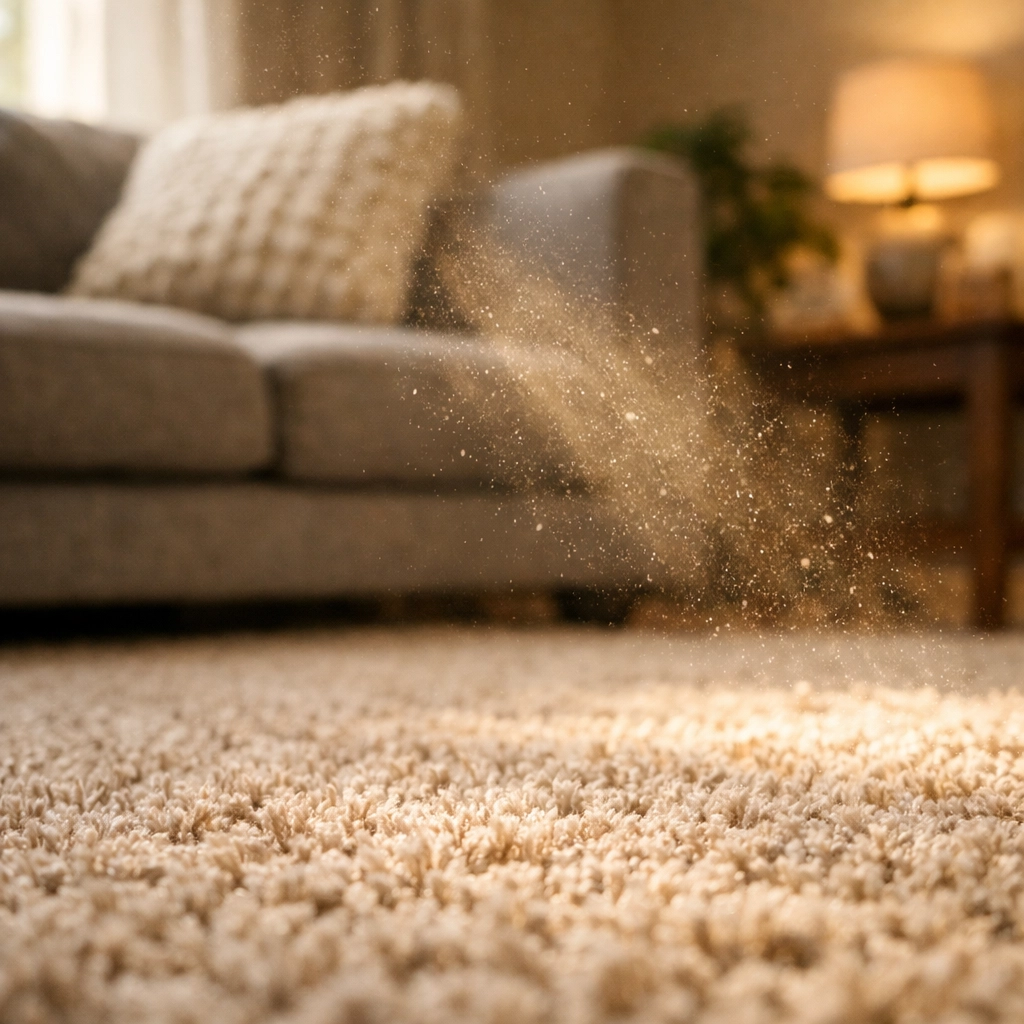 Dust particles visible in sunlight above carpet and sofa in living room