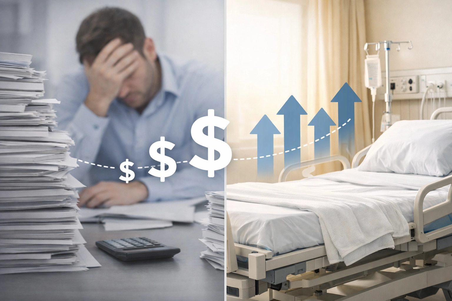 Split image comparing manual paperwork burden to empty SNF bed representing lost admissions revenue