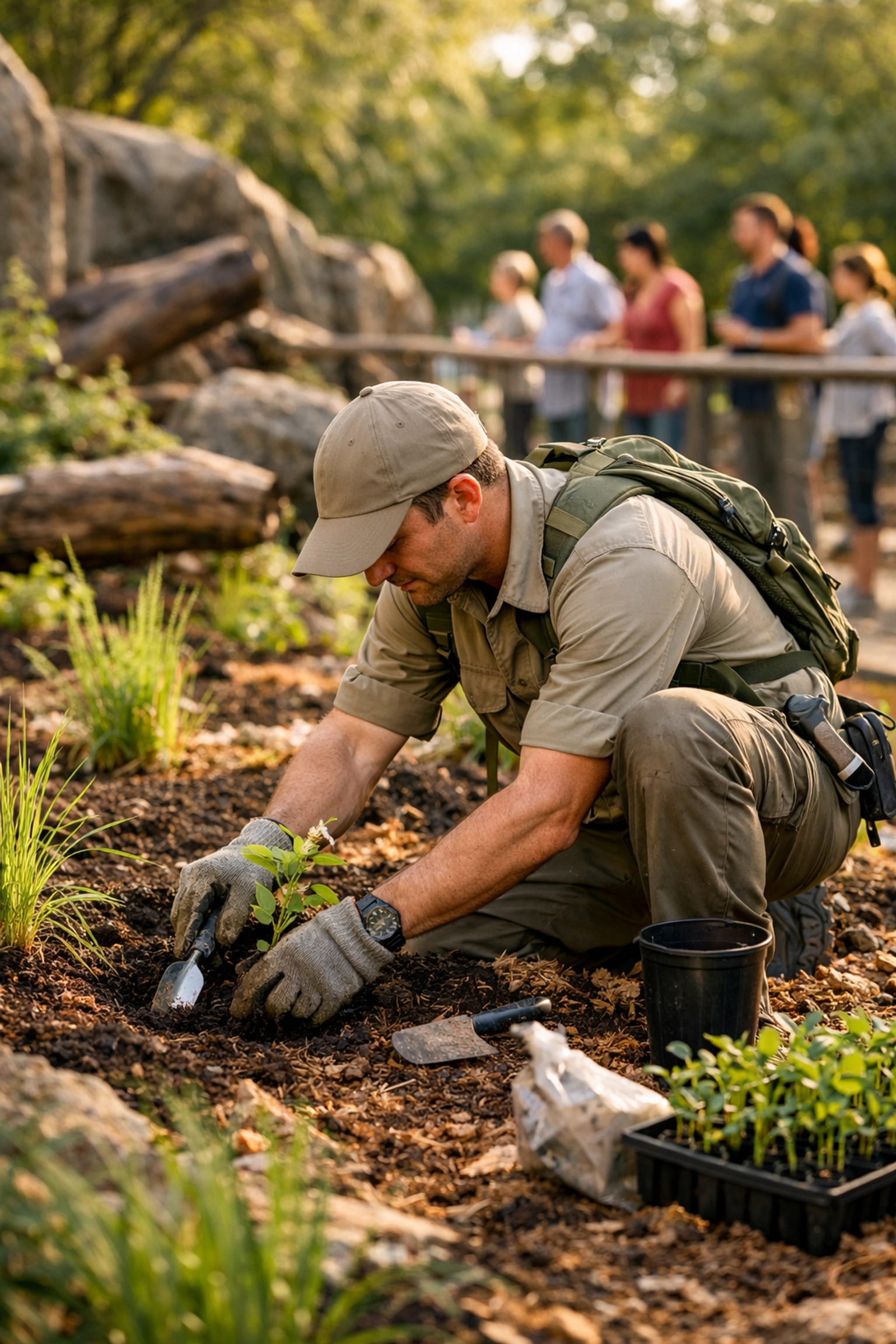Conservation team member performing habitat restoration work at zoo facility