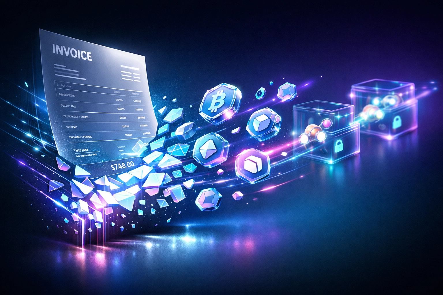 Digital invoice transforming into blockchain tokens for instant merchant payment settlement