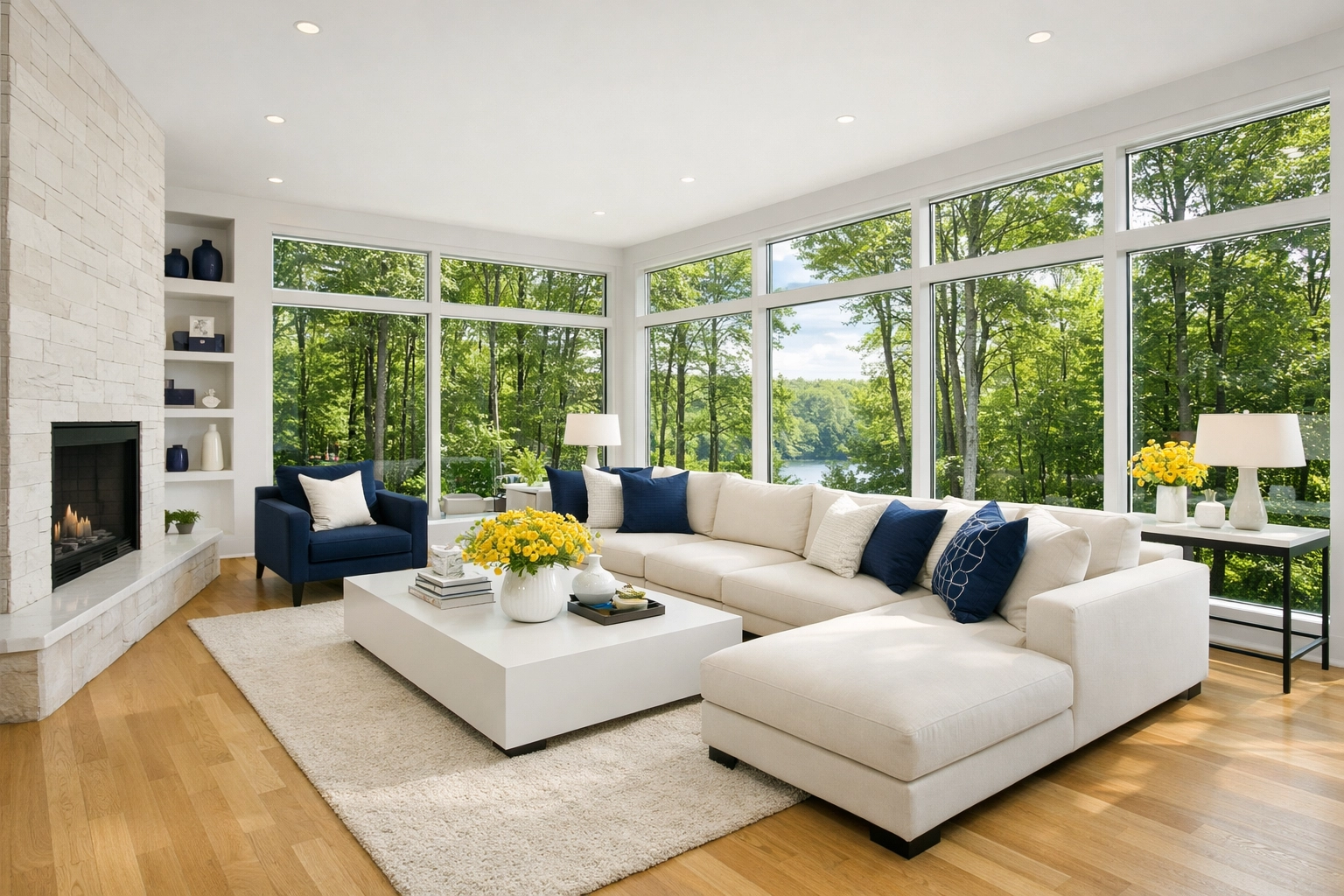 Sun-drenched living room with pristine floors in Ashby MA after professional house cleaning.