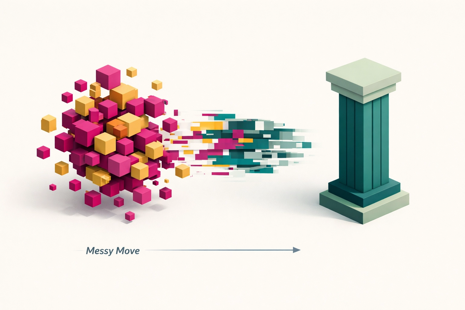 A visual representation of a chaotic website structure transforming into a clean, strategic architectural pillar.