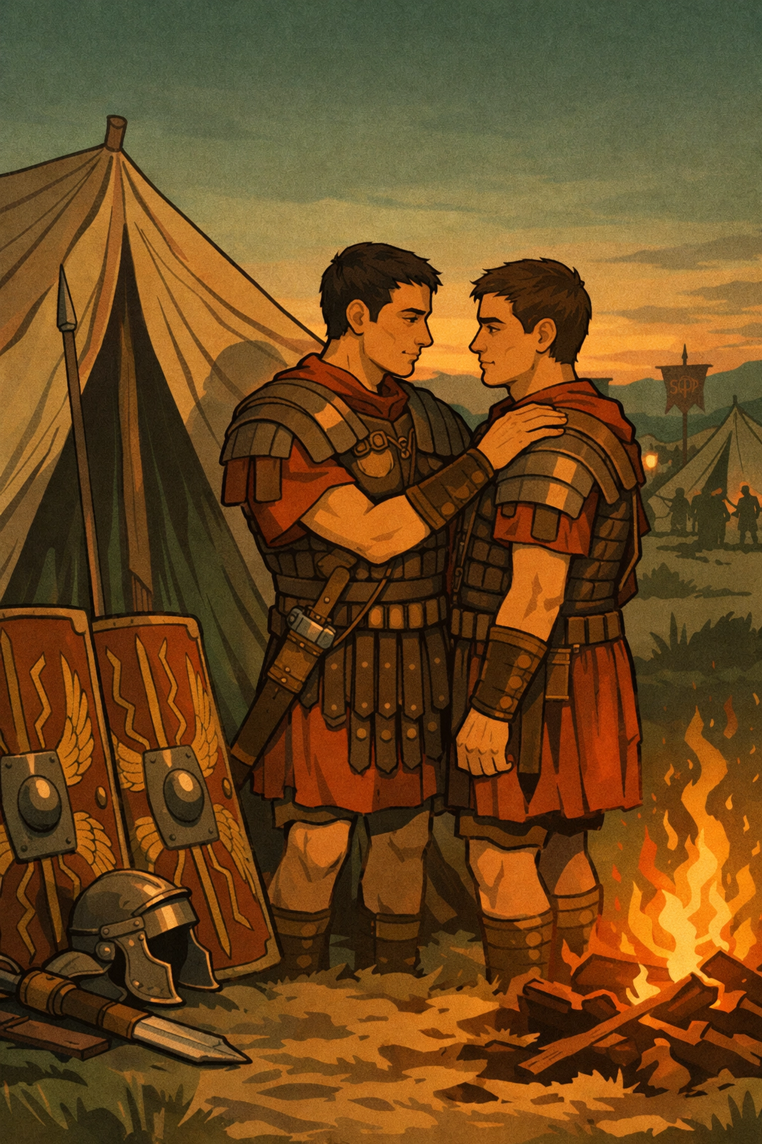 Roman soldiers sharing an intimate moment by their tent at military camp