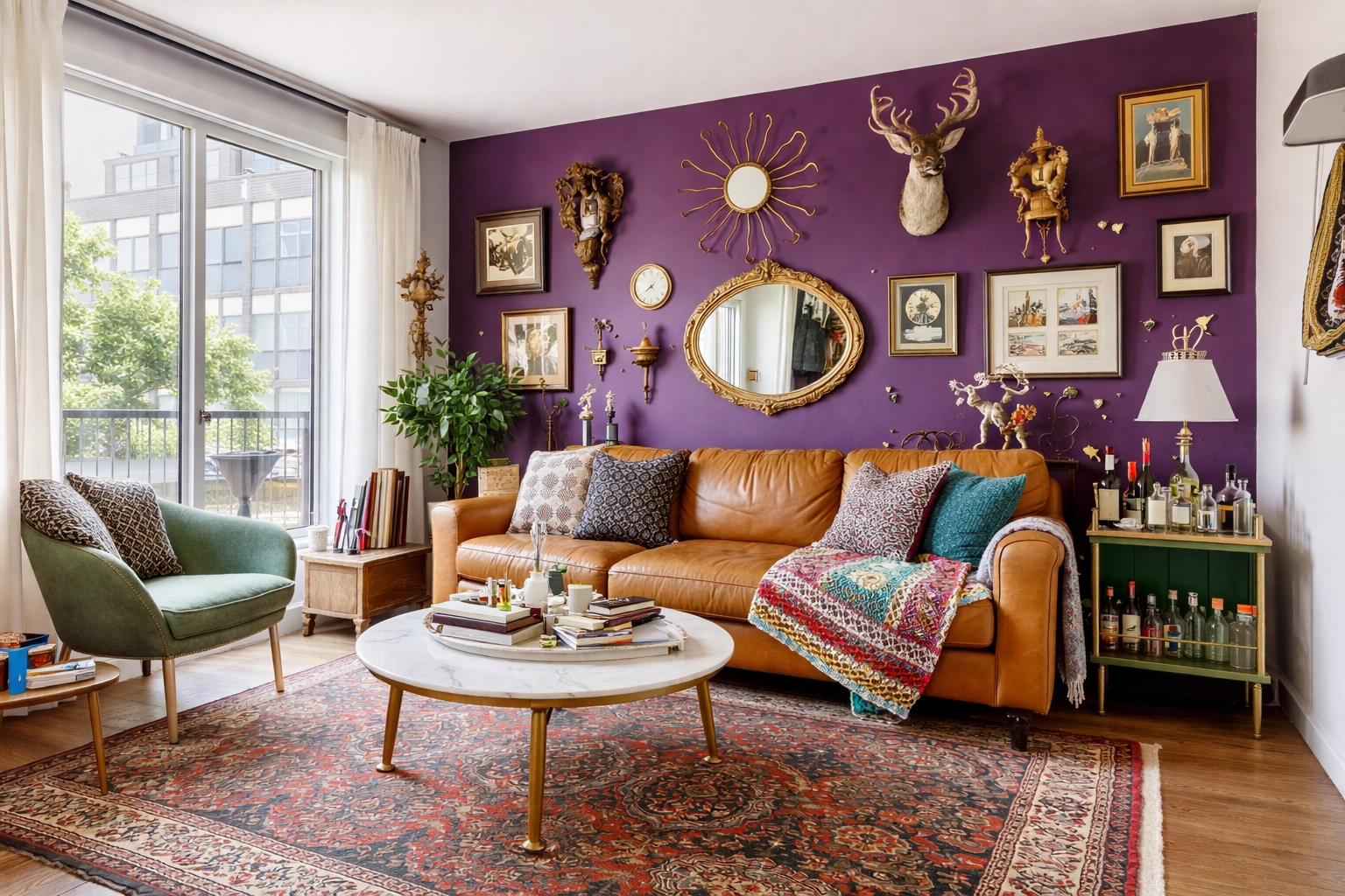 Living room with bold purple accent wall and unique decor, showing pitfalls of over-customized renovations