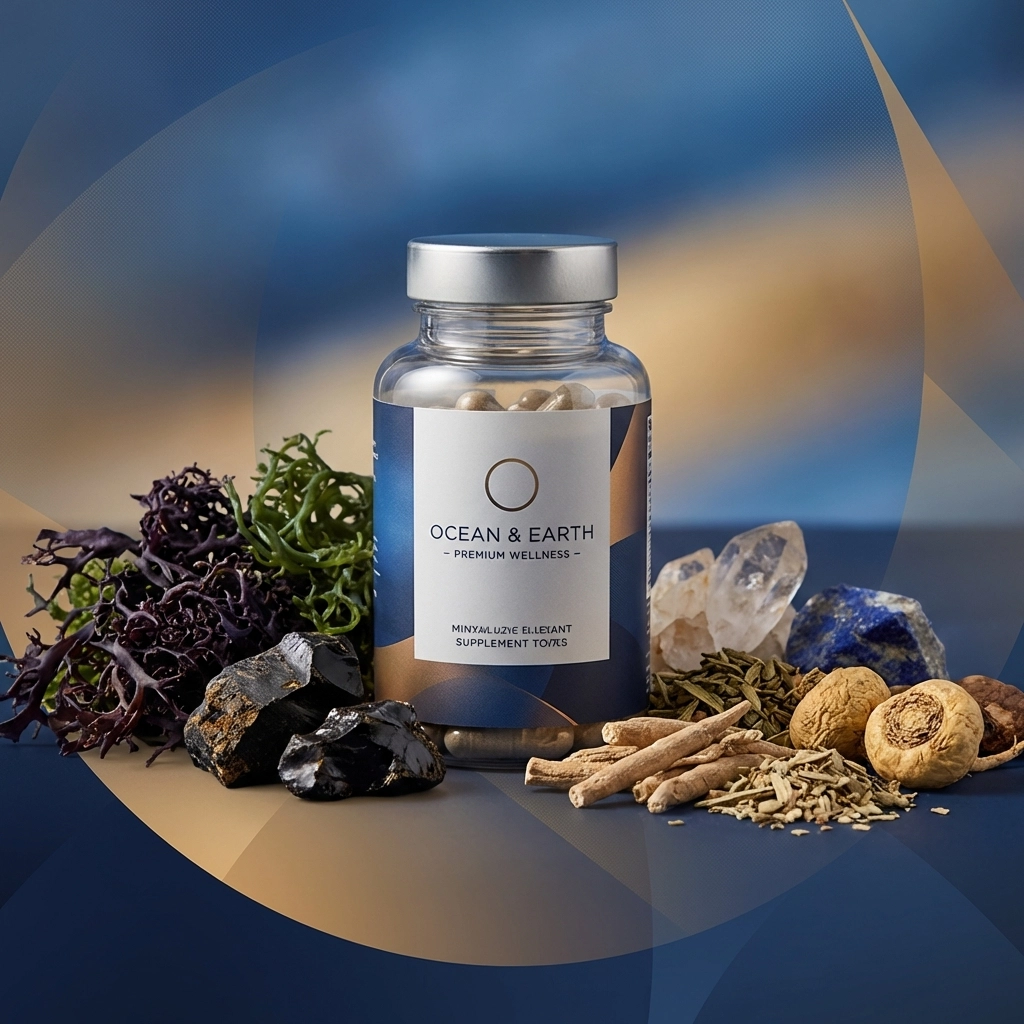 Glass supplement bottle with whole-food ingredients like sea moss, shilajit, and herbs, highlighting clean supplement purity