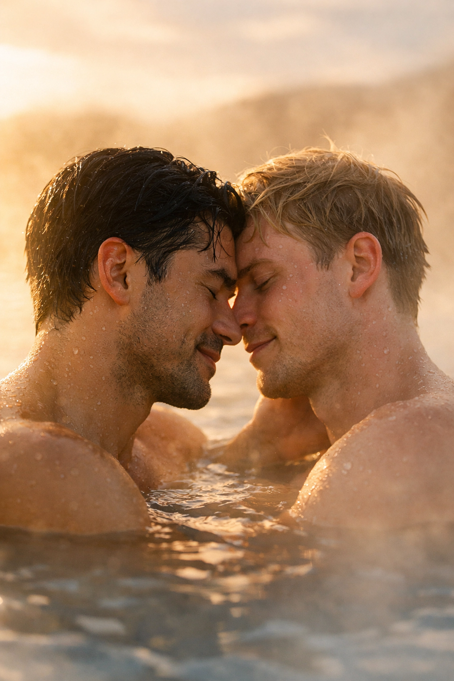 Gay couple Magnus and Einar sharing intimate moment in Iceland geothermal pool