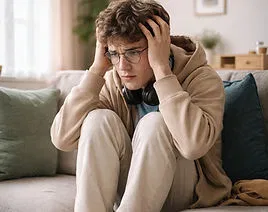 A young person looking distressed on a sofa, representing the emotional weight of struggling with an eating disorder.