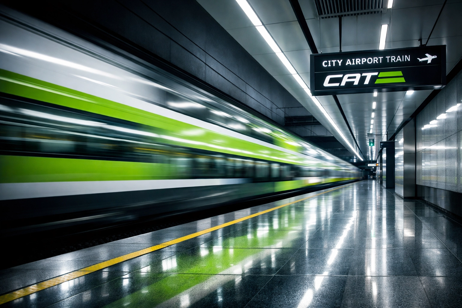 The City Airport Train (CAT) speeding through a modern station for efficient travel in Vienna.