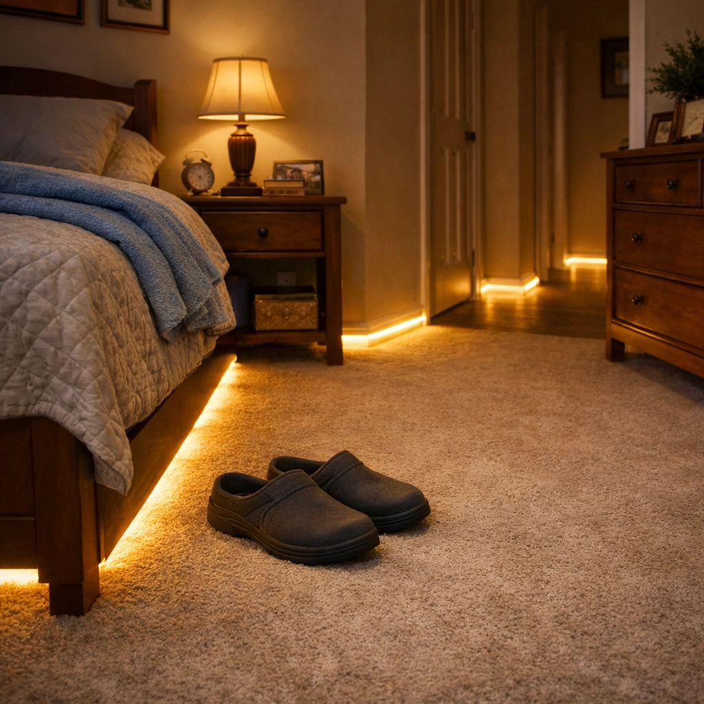Motion-activated floor lighting in a senior's bedroom to prevent falls during nighttime bathroom trips.