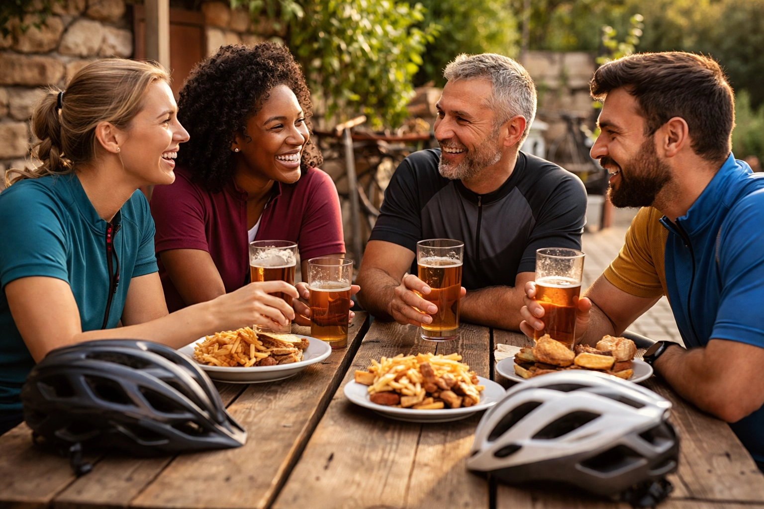 Colleagues enjoying a post-ride meal at a pub after a corporate cycling day out, celebrating team success