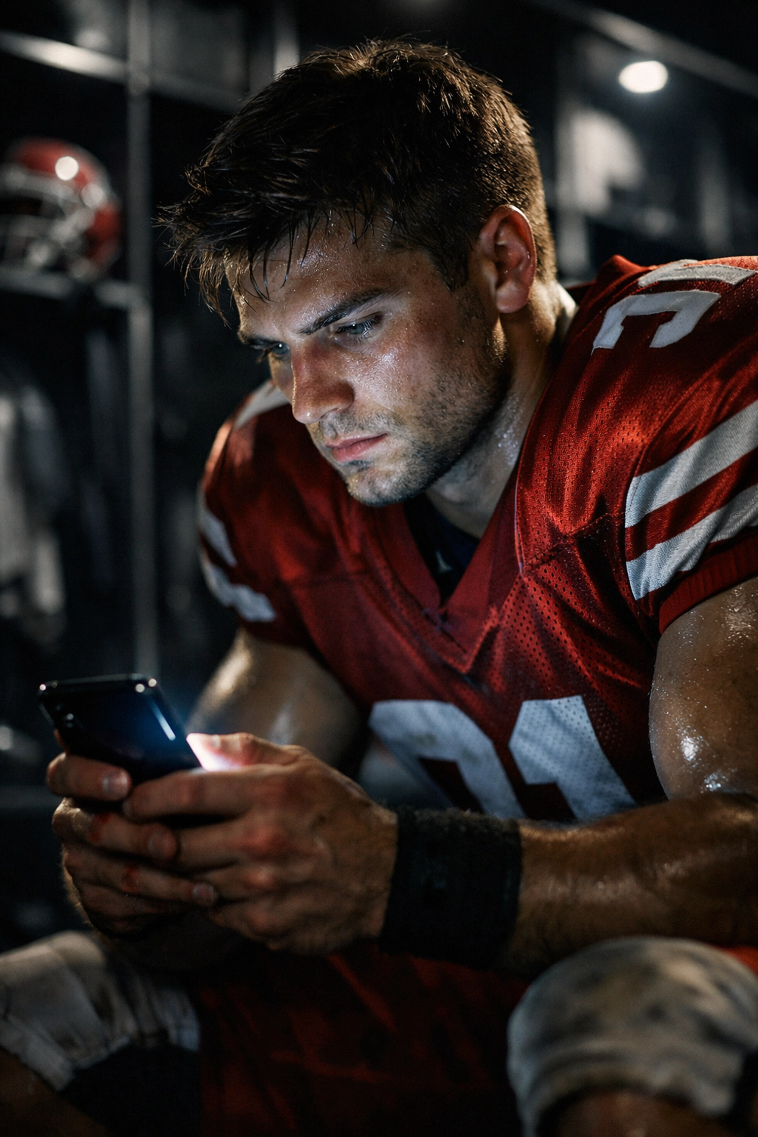 A focused college athlete in a team locker room engaging with digital sports marketing content on a mobile phone.