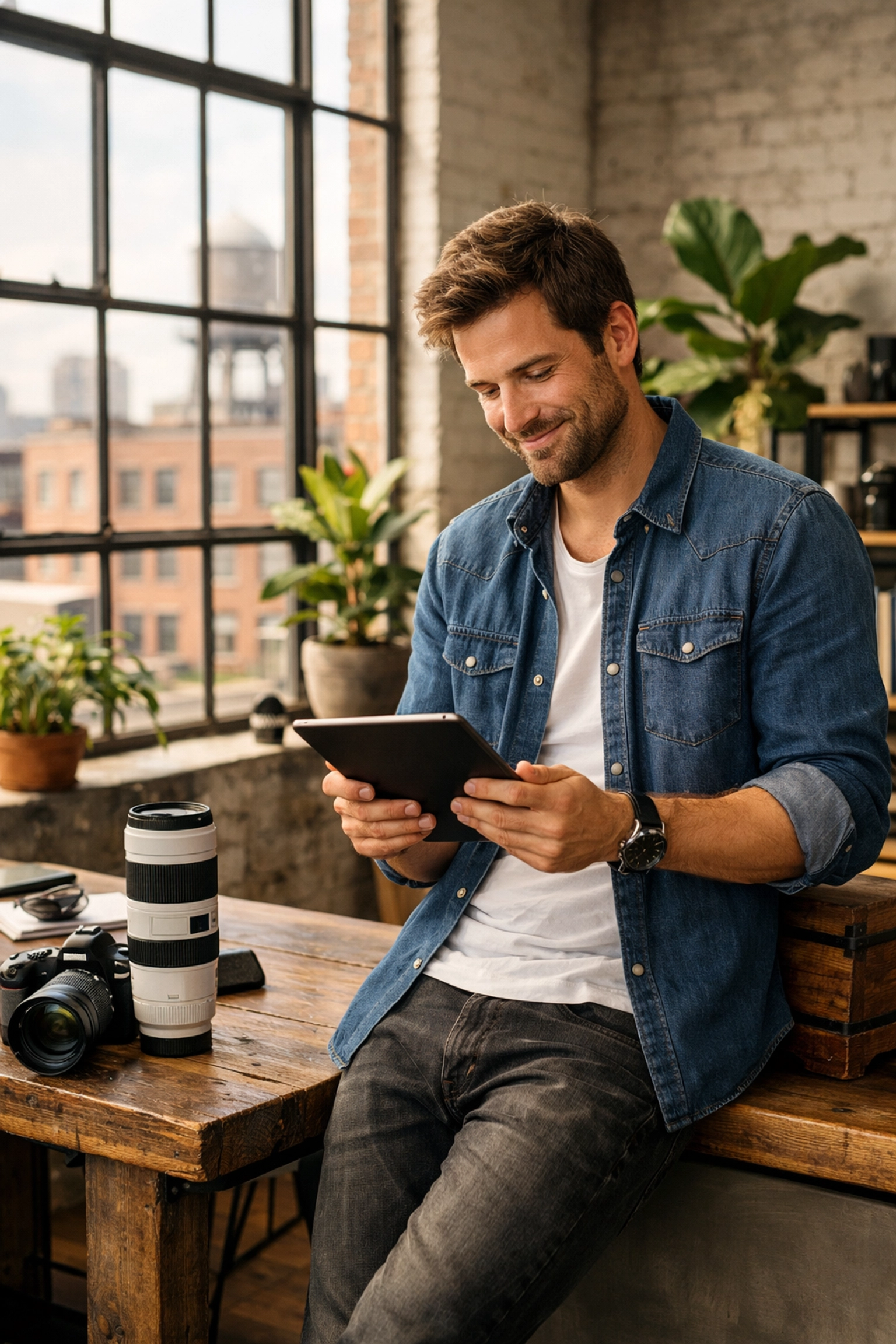 Professional freelance photographer reviewing new client projects in a modern Brooklyn studio loft.