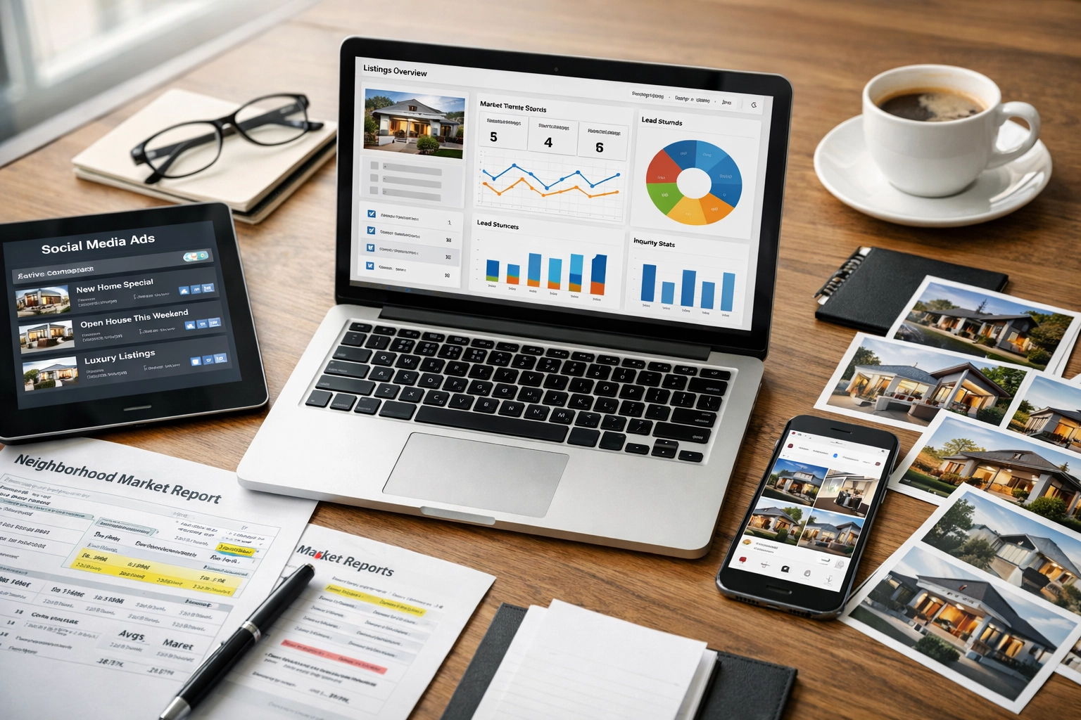 Las Vegas realtor's workspace showing digital marketing strategy and property listing analytics